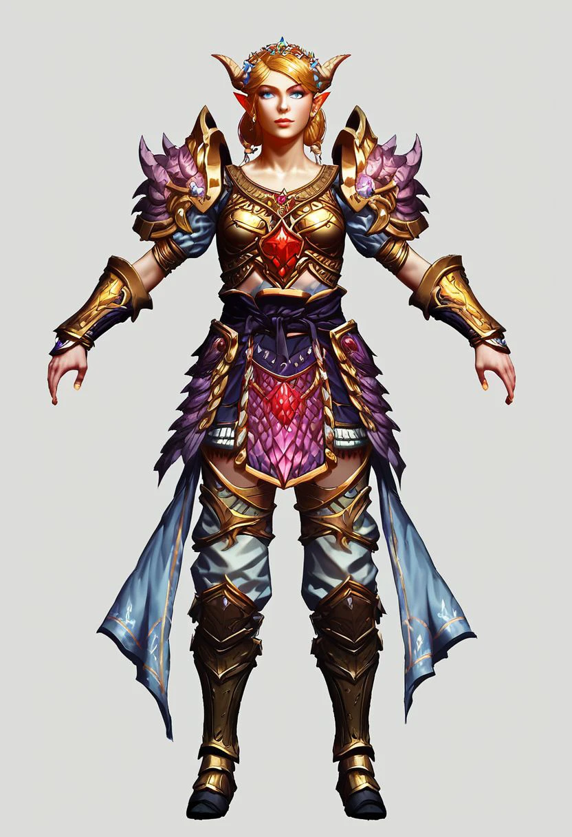 score_9, score_8_up, score_8_up, 1girl, tiefling female warlock, angelic golden armor, wearing fantasy armor, full body