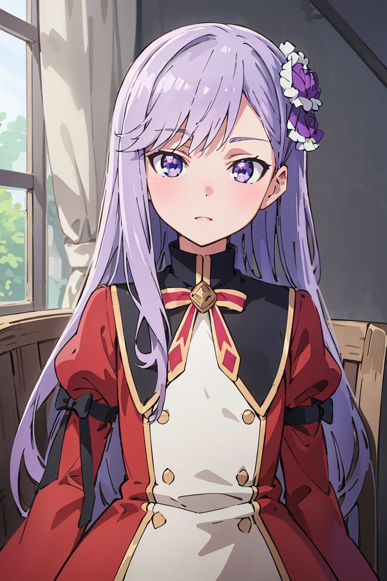 masterpiece, best quality, ultra-detailed, glistening shiny, glowing light, ray tracing, HDR, deph of field, (perfect face, detailed face), <lora:ChristinaBeltrum:0.8>, christinabeltrum, long hair, flower hair ornament, flat chest,  red dress, black collar, puffy sleeves, long sleeves, standing