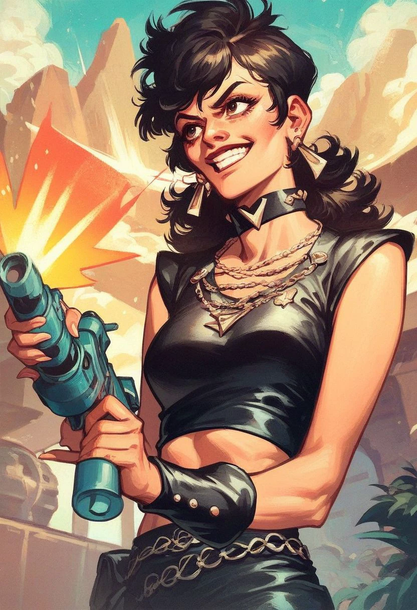 score_9_up, score_8_up, score_7_up, score_6_up, 1girl,  (Kitten_Mcgee) , jewelry, earrings, necklace, black leather crop top, boots, (painted art), arrogant smile, standing on an alien planet, laser gun, firing