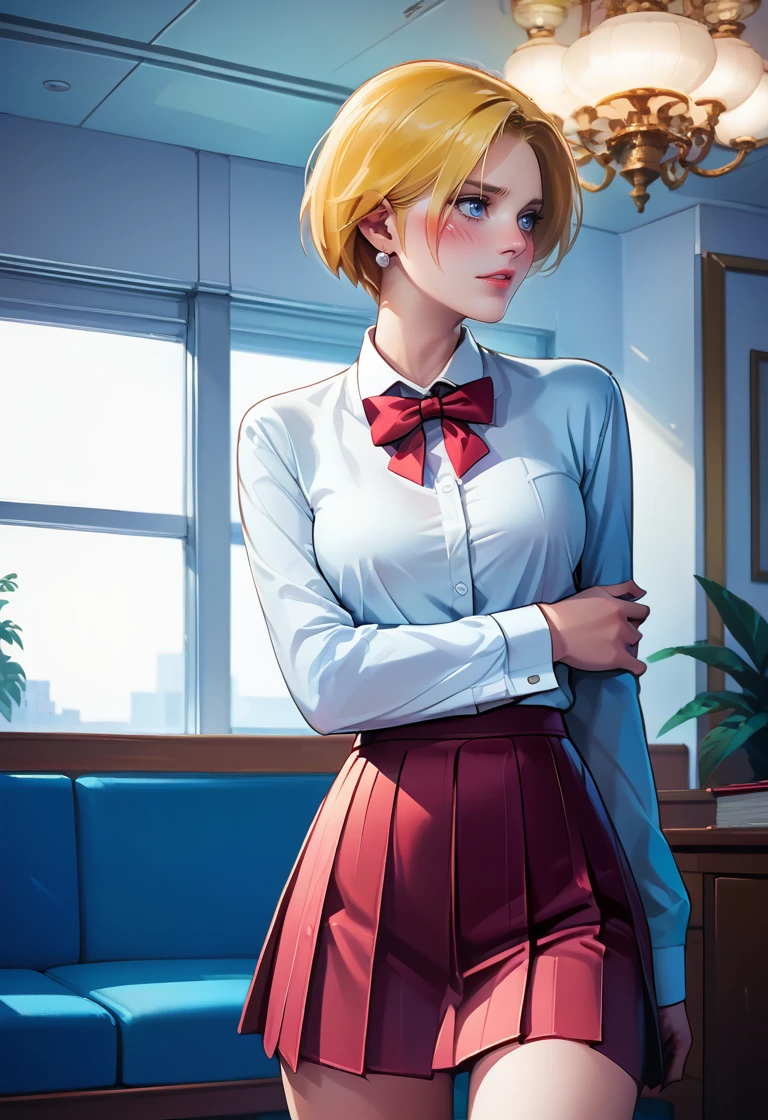 score_9, score_8_up, score_7_up, best quality, intricate details, 1girl,
 <lora:King_aof_v05:1> king aof, blue eyes, short hair, blonde hair, 
skimpy school uniform, blush, looking away, hotel room, holding skirt,