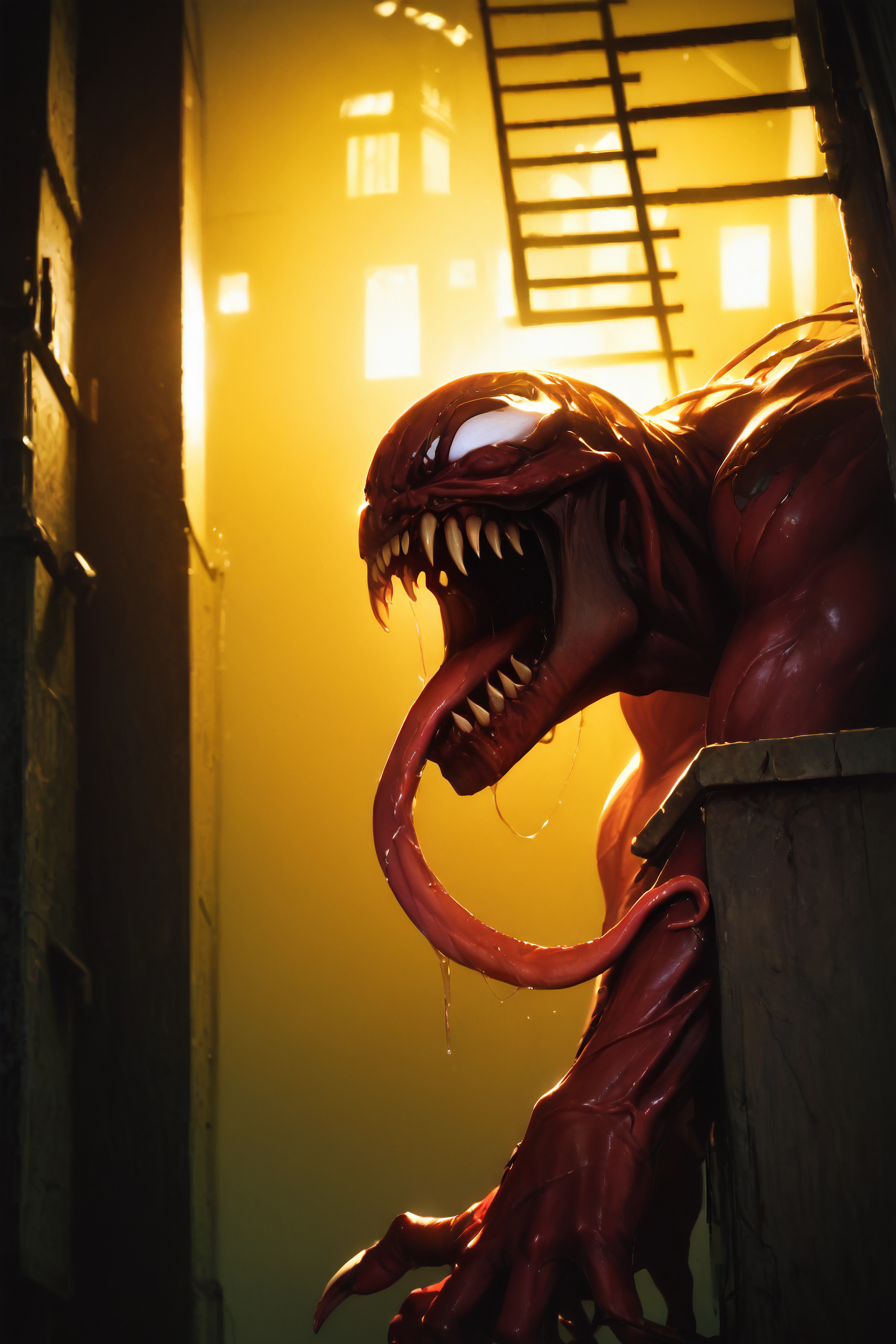 score_9, score_8_up, score_7_up, 8k, very detailed, high detailed texture, depth of field, golden hour, cinematic illumination, volumetric lighting, (climbing up a radio tower:1.3)<lora:AIPansen_Carnage:0.8>1boy, teeth, monster, sharp teeth, claws, no humans, tongue, muscular, saliva, long tongue, tongue out, tentacles, glowing, white eyes, red skin, <lora:Minimalistic_Style_Pony:0.8> upper body, black background,, <lora:Realistic_2.5DAnime_Merge1:0.8>
