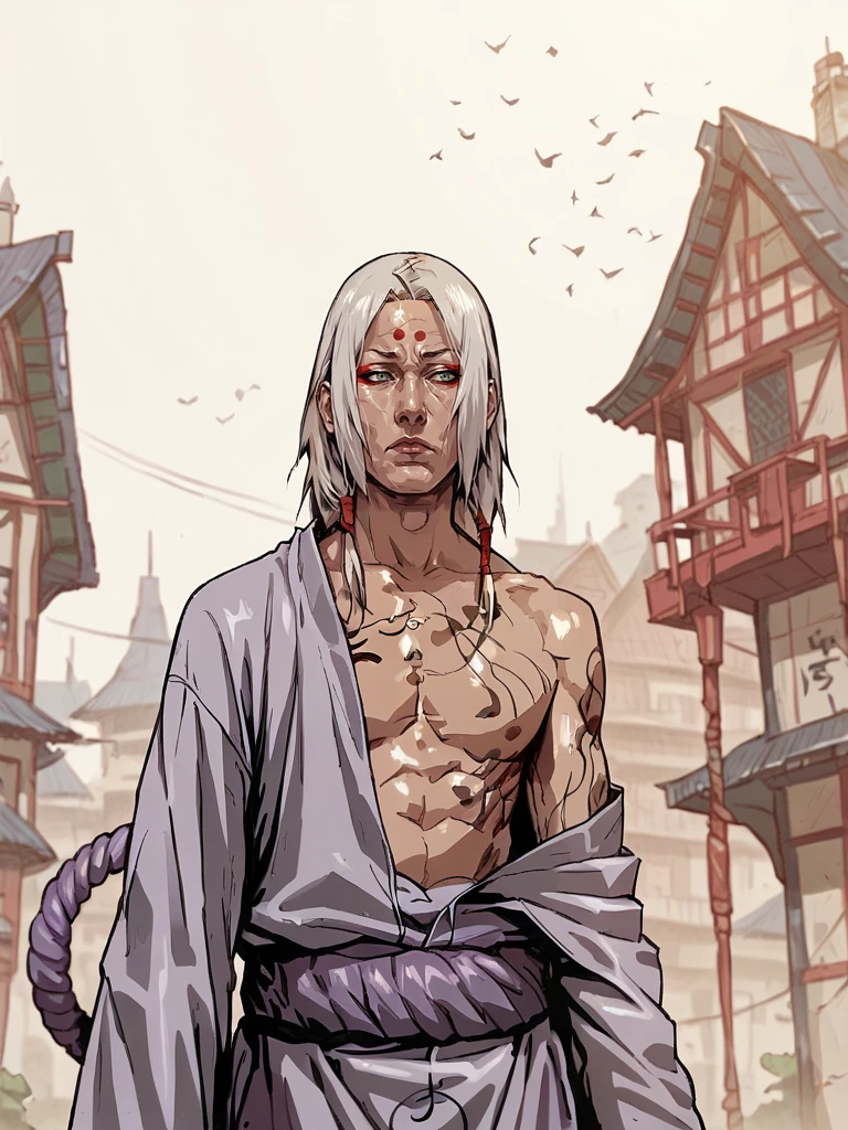 <lora:Naruto_r1:0.8>, <lora:k1m1maro:0.8>, 1boy, k1m1maro, green eyes, red eyeliner, forehead mark, white hair, long hair, tan tunic, open clothes, tattoo, long sleeves, purple rope belt, standing, day, outdoors, solo, village, hotel building on the background, upper body, <lora:SeungEunKim:0.8>, score_9, score_8_up, score_7_up
