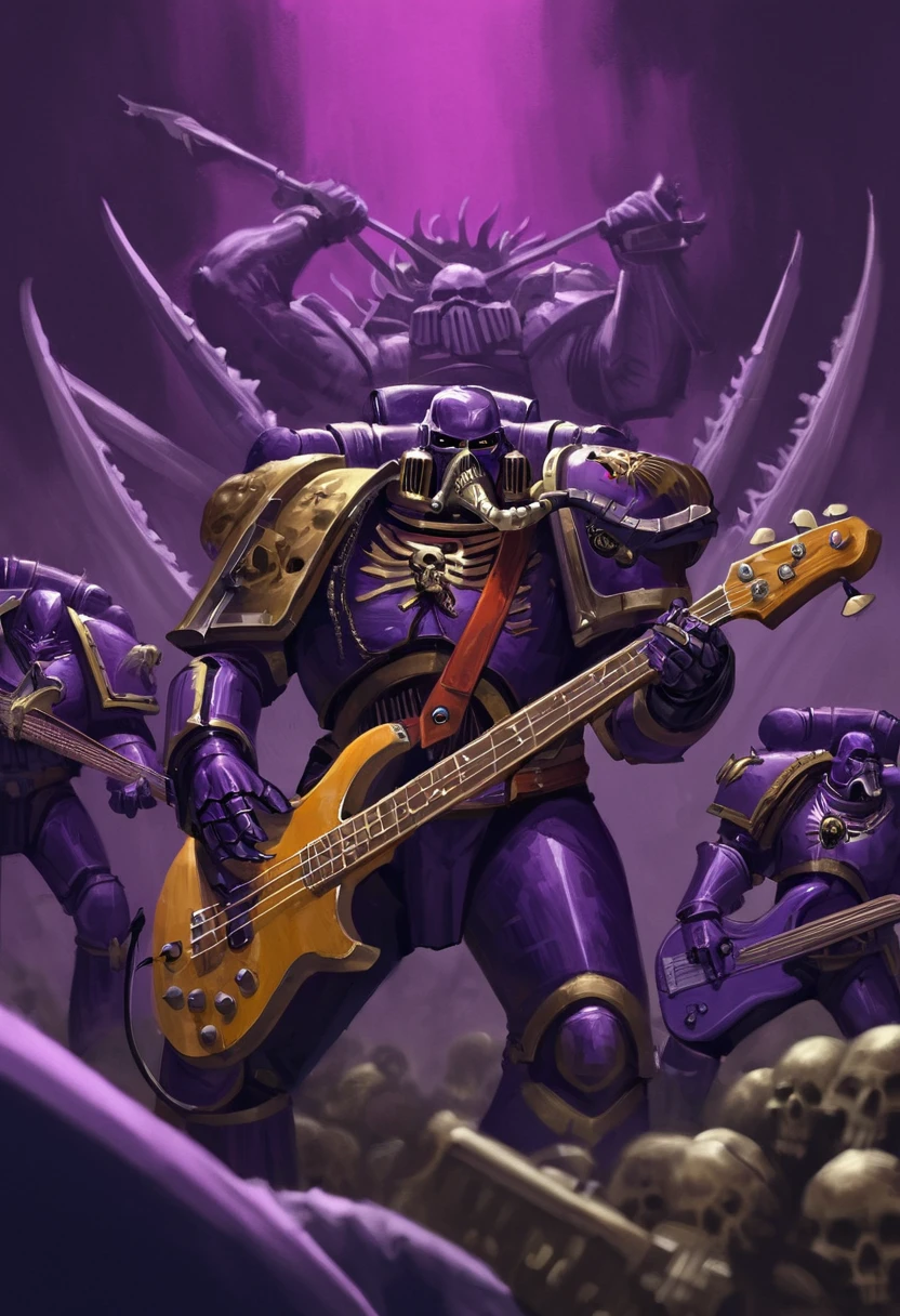 A digital painting of a Noise Marine band from the Warhammer 40k universe. The band consists of four members, all of whom are wearing purple and gold power armor and have long, flowing hair. The lead guitarist, who is standing in the center of the image, is playing a purple electric guitar. The drummer, who is standing to the left of the lead guitarist, is playing a drum kit made out of skulls and bones. The bassist, who is standing to the right of the lead guitarist, is playing a bass guitar. The keyboardist, who is standing in the back of the image, is playing a keyboard made out of the spine of a giant alien creature. The background of the image is a dark, red and purple void. By Konstantin Void.
extremely detailed, impasto, epic, grimdark, masterpiece, illustrative, volumetric lighting, dynamic shading, matte painting,
<lora:Slaanesh:1>