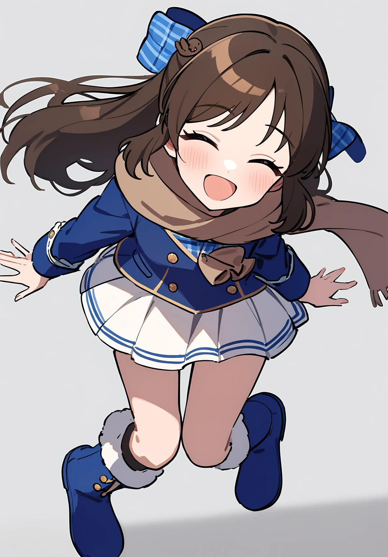1girl,
tachibana arisu, idolmaster,
grey background, boots, blush, blue bow, white skirt, closed eyes, ^_^, open mouth, buttons, white stripes, long sleeves, blue sleeves, vest, full body, long hair, single braid, facing viewer, braid, rabbit hair ornament, brown hair, hair ornament, pleated skirt, plaid trim, plaid, blue footwear, bow, hair bow, blue vest, standing, skirt, double-breasted, brown scarf, smile, :d, scarf, miniskirt,
masterpiece, newest, absurdres, safe
<lora:2080ti_ag31_tachibana_arisu-000007:1>