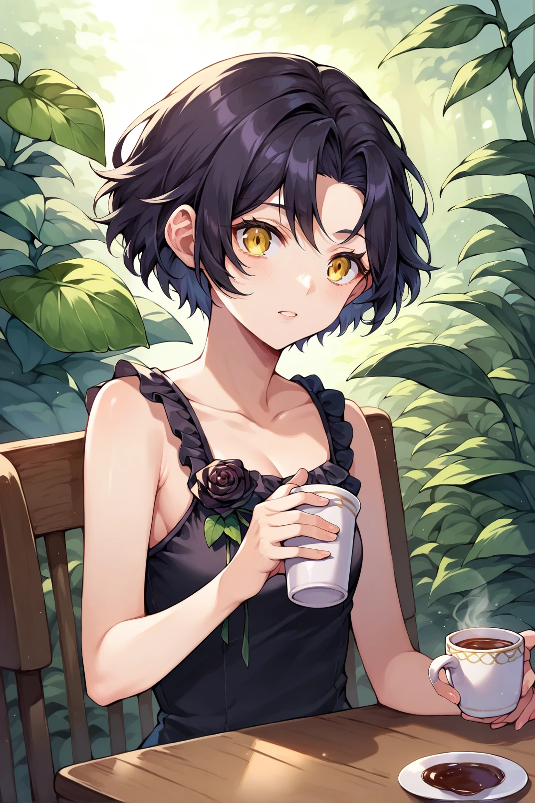 1girl, chane_laforet, chanedress, sleeveless, black dress, black rose, short hair, yellow eyes, holding cup of tea, cafe <lora:Chane Laforet Pony XL-000003:0.85>,, score_9, score_8_up, score_7_up,