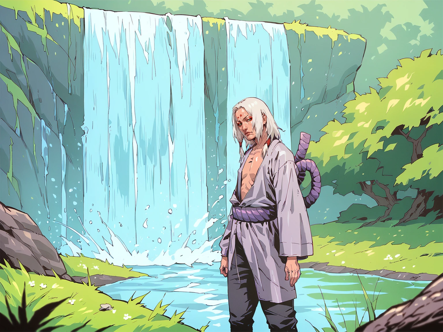 <lora:Naruto_r1:0.8>, <lora:k1m1maro:0.8>, ninja, k1m1maro, green eyes, red eyeliner, forehead mark, white hair, long hair, tan tunic, very long sleeves, purple rope belt, pants, open clothes, standing on grass, fores, river, waterfall background, day, from side,<lora:SeungEunKim:0.8>, score_9, score_8_up, score_7_up