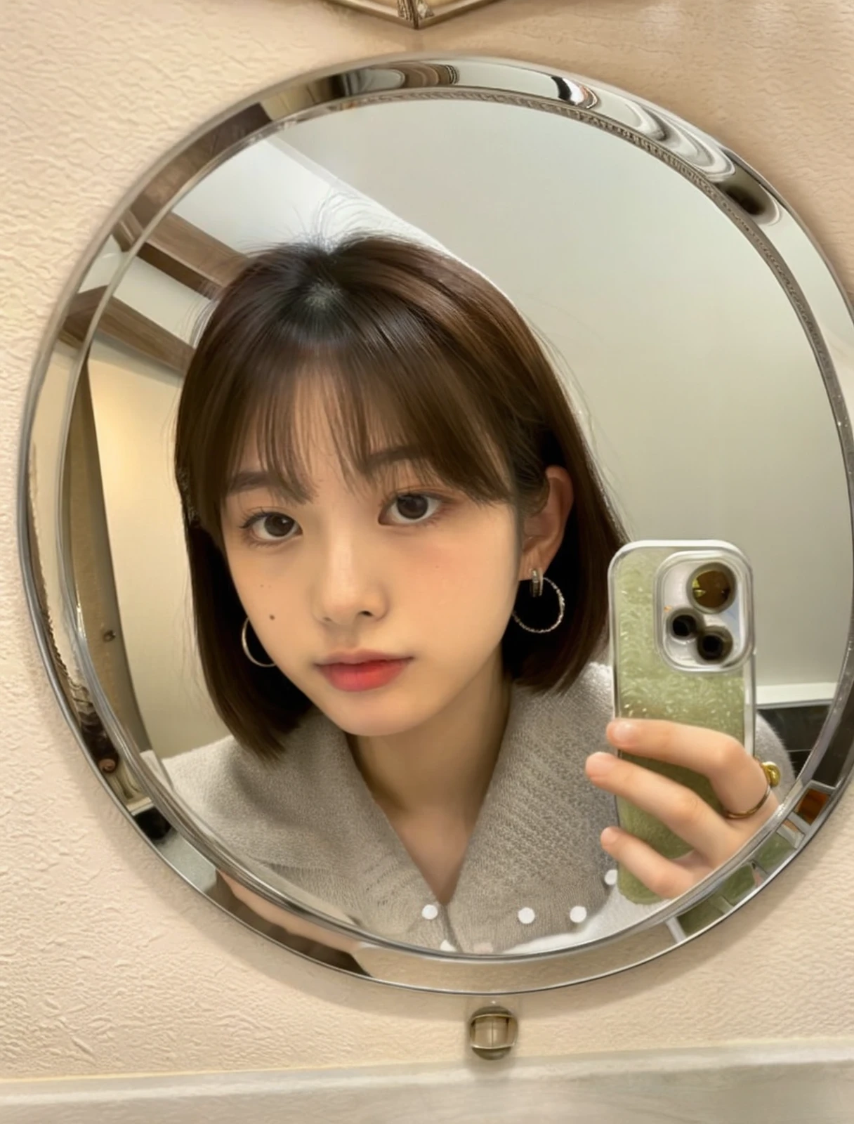 <lora:selfie in mirror_V1:0.8> selfie in mirror, face close-up, (round mirror:1.3), (mirror with metal frame:1.2),Photo of an 18-year-old Japanese woman, woman's (hand is holding a phone), selfie, mirror, reflection, jewelry, face visible, (asian:1.2), solo, earrings, brown hair, looking at phone, short hair, parted lips, makeup, upper body, ring, indoors,(phone:1.25)
<lora:PornMaster-AmateurV6+sdsFILM_v5:0.4>, flash photography,<lora:flash photography photoV3:0.4>, <lora:pornmaster_dpo+braV7:0.3>, detailed hand and Detailed 5 fingers and Detailed 5 finger nails