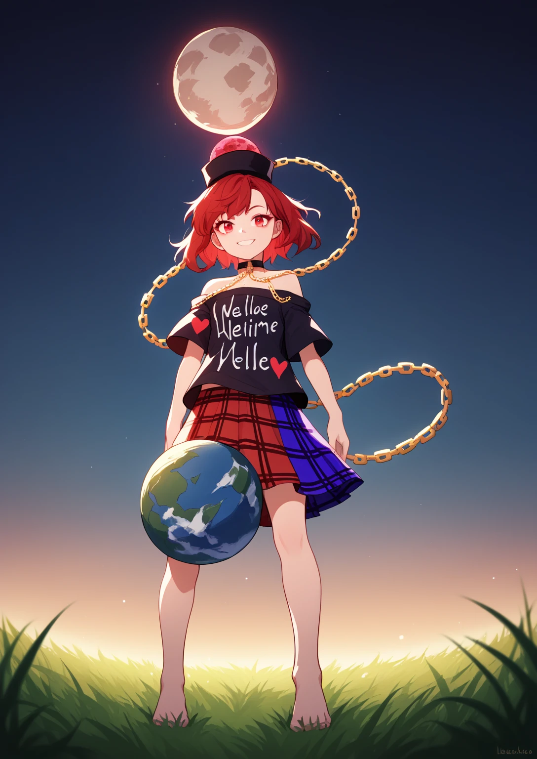 <lora:Anime Style 2 SDXL_LoRA_Pony Diffusion V6 XL:0.5>, score_9, score_8_up, score_7_up, source_anime, (masterpiece, best quality:1.2), extremely detailed, soft ambient lighting, sharp focus, 4K, BREAK <lora:HecatiaPony-000010:1>, HecatiaLapislazuli, 1girl, solo, short red hair, red eyes, black t-shirt, off-shoulder, bare shoulders, heart, undressing, (multicolored miniskirt, plaid miniskirt, gradient colored skirt), golden chain, choker, polos crown, (moon_\(ornament\), earth_\(ornament\)), barefoot, BREAK outdoors, grass field, outer space backgroud, low angle, BREAK kneeling, looking at viewer, smile,