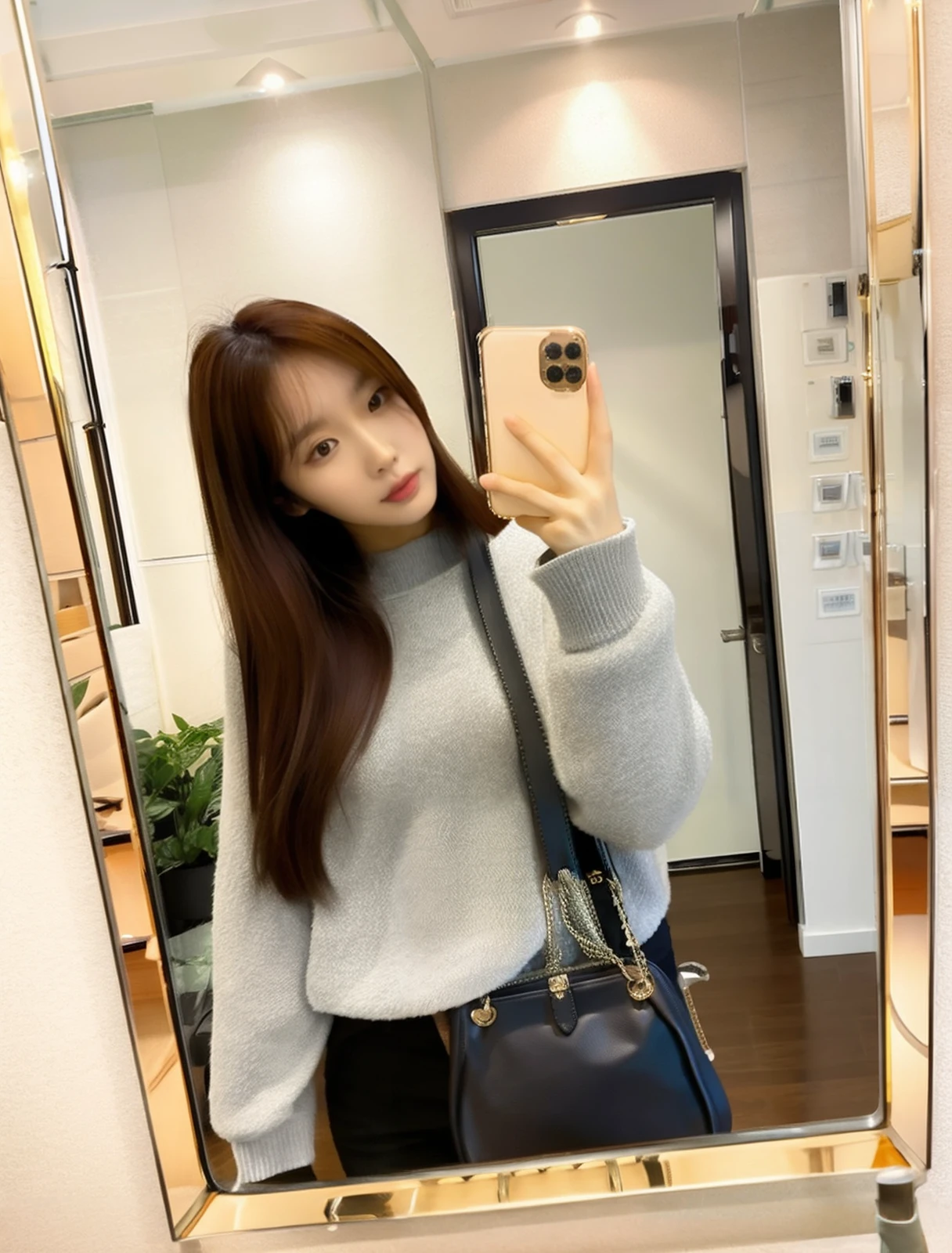 <lora:selfie in mirror_V1:0.8> selfie in mirror, a woman's hand is holding a phone and selfie, mirror, reflection, solo, brown hair, bag, asian, face visible, long hair, indoors, long sleeves, jewelry, window, looking at viewer, dutch angle, bracelet, <lora:PornMaster-AmateurV6+sdsFILM_v5:0.4>, flash photography,<lora:flash photography photoV3:0.4>