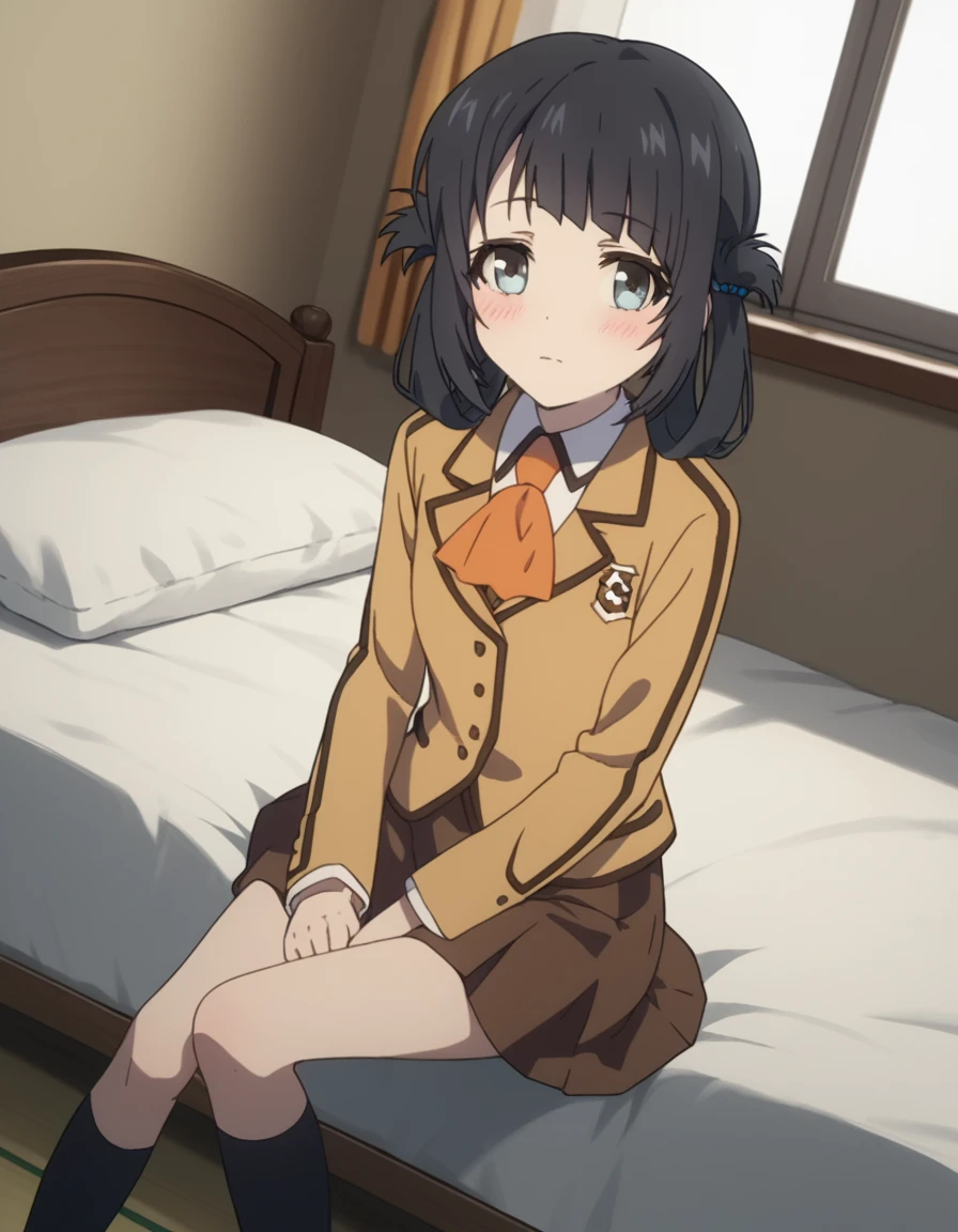 score_9, score_8_up, score_7_up, source_anime,
miunashiodome, <lora:miuna-shiodome-s1-ponyxl-lora-nochekaiser:1>,
miuna shiodome, long hair, blue eyes, black hair, twintails, hair rings, folded hair,
skirt, school uniform, socks, blazer, neckerchief, long sleeves, brown skirt, brown blazer,
indoors, bed, bed room, on side, blush, drunk,
looking at viewer, cowboy shot, dutch angle, solo,