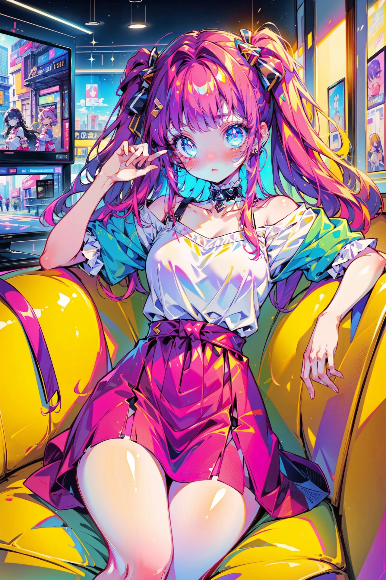 ((best quality, masterpiece, absurdres, super-resolution)), 1girl, sofa, TV, Yellow, Magenta <lora:CMYK-CORE_v1.0:1>