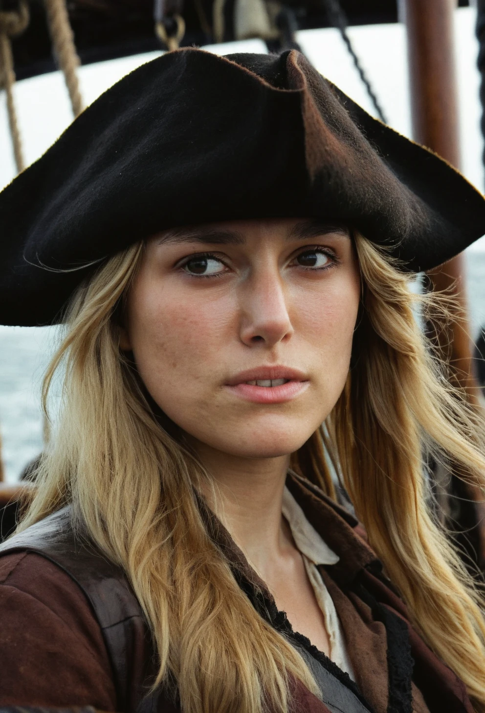 high resolution photo close up of kkn woman,long blonde hair,wearing black pirate hat and brown jacket,on a pirate ship,gloomy,dimly lit,bokeh,depth of field,she is looking at camera