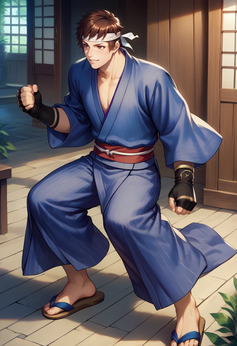 score_9, score_8_up, score_7_up, masterpiece, best quality, amazing quality, best aesthetic, ,absurdres, ((source_anime)), cute,shingo_gaiden, brown hair, brown eyes, japanese clothes, blue kimono, headband, fingerless gloves, sandals<lora:EMS-369420-EMS:1.000000>