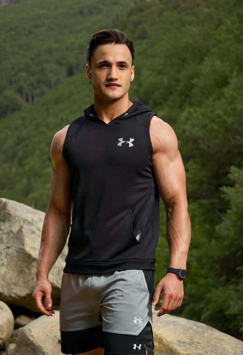photo of Charles Melton a man <lora:asim-riaz-Charles-Melton:1>, wearing a sleeveless well-fitted under armour hoodie and compression shorts, standing on a boulder, outdoor trail, 35mm photograph, film, bokeh, professional, 4k, highly detailed, creek in the background, natural lighting, golden hour