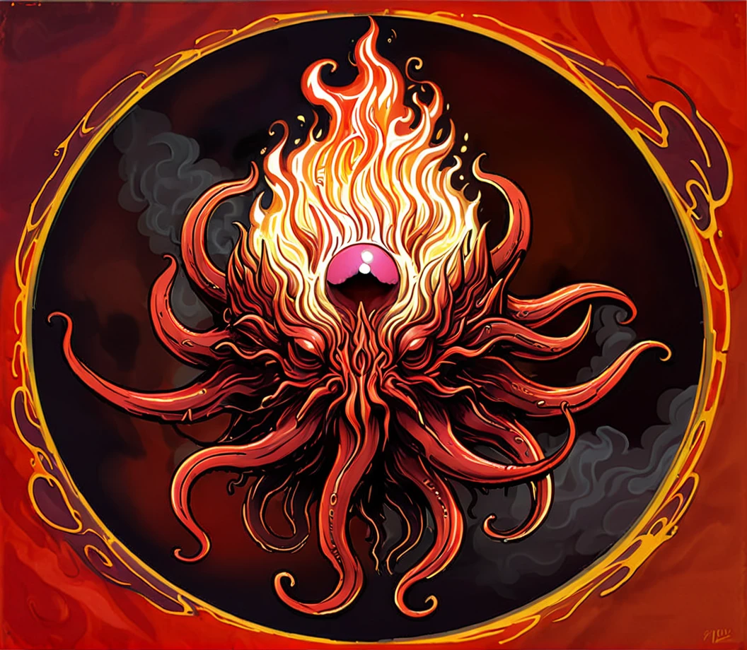 Cthulhu terror,The Old Ruler of the Old Days,Ktugea,and his minion race,the Fire Vampires,surreal art,abstract entity,flame,warm colors,red background,floating object,tendrils,orbs,circular patterns,smoke effect,glowing,fantasy,oil painting style,mysterious,unidentifiable subject,dynamic texture,vibrant hues,eerie atmosphere,cthulhu mythos,lovecraftian horror,<lora:kesulu-10:0.6>,