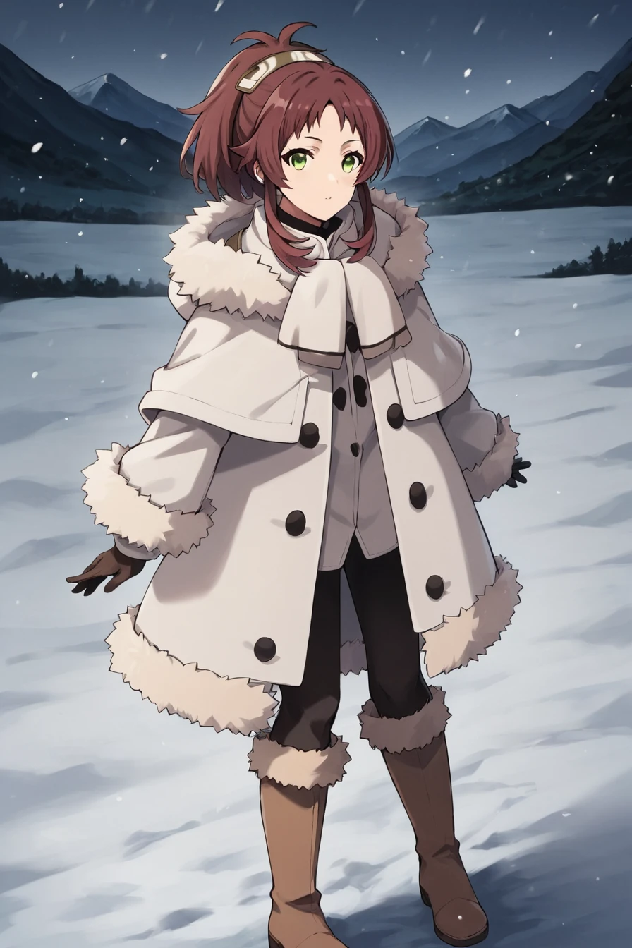 score_9, score_8_up, score_7_up, source_anime,
1girl, looking at viewer, 
outdoors, snowing, mountain road,
<lora:aisha_greyrat_anime_s2-soralz:1>, aisha_greyrat, yellow green eyes, brown hair, ponytail, sidelocks, bangs, long hair, coat, fur trim, hood down,white coat, fur-trimmed capelet, brown footwear, fur trim, boots, long sleeves, capelet, gloves,