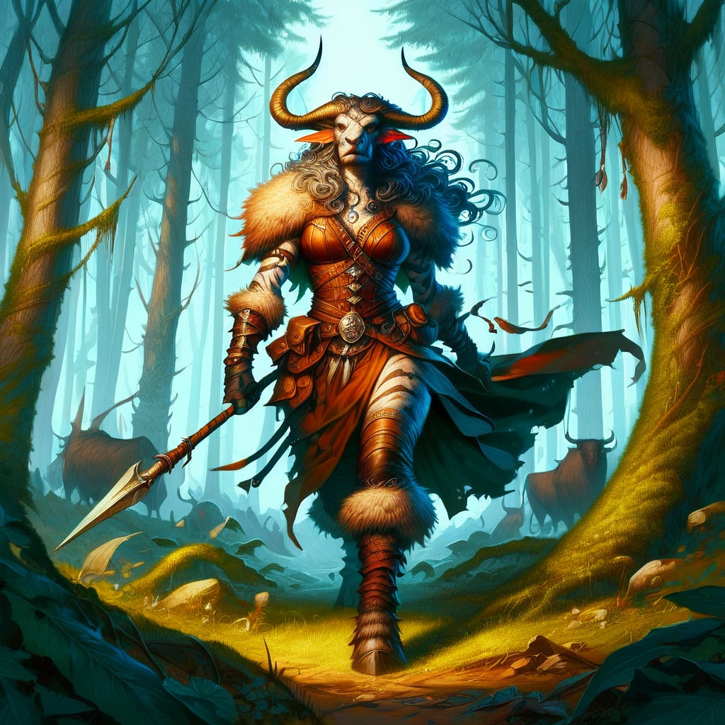 score_9, score_8_up, score_7_up, a tauren shaman, leather clothing, detailed forest background, forest path, charging with a spear, weapon, realistic concept art,