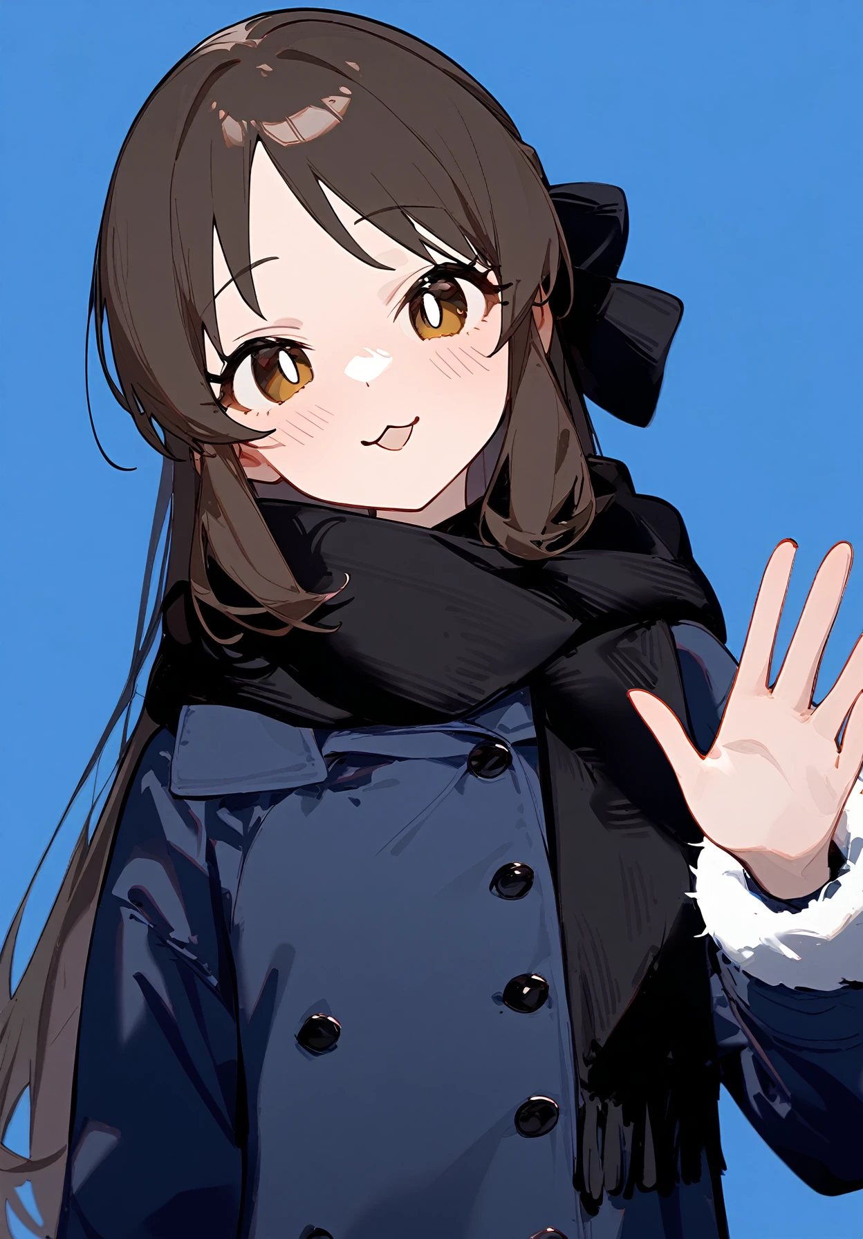 1girl,
tachibana arisu, idolmaster,
solo, parted lips, smile, cropped head, bright pupils, upper body, hair between eyes, straight-on, white pupils, :3, black hair, tareme, fur-trimmed coat, yellow eyes, long bangs, dot nose, raised eyebrow, alternate costume, black scarf, fur trim, winter clothes, blue coat, simple background, looking ahead, eyes visible through hair, blue background, coat, scarf, long hair, blush, head tilt, waving,
masterpiece, newest, absurdres, safe
<lora:2080ti_ag31_tachibana_arisu-000007:1> <lora:a31_style_koni:1>