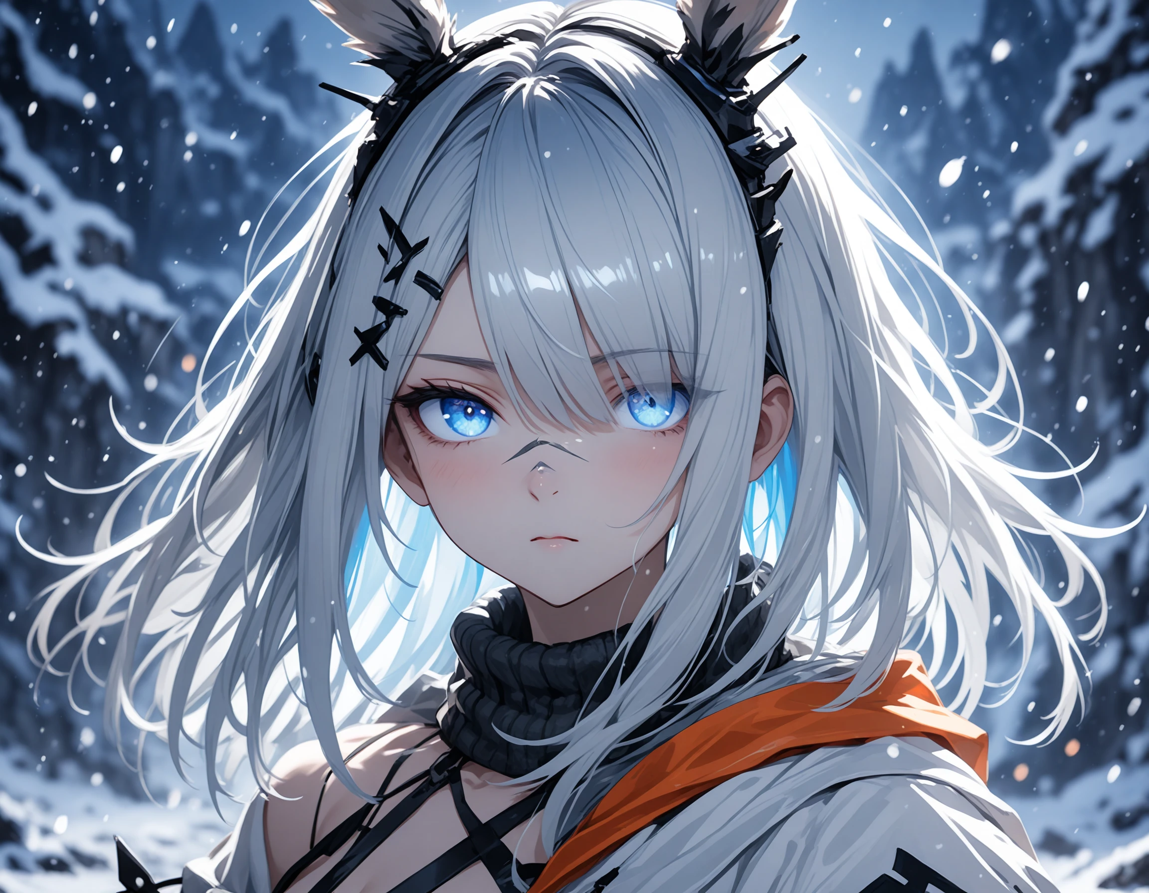 1girl,(frostnova \(arknights\),arknights:1.1), (straight hair over one eye:1.3), rabbit ears,scar on the nose, straight hair, close up on face, looking at viewer, (iridescent eyes:1.5), light , (glowing light from eyes:1.4),
(glowing:1.3),(white theme:1.3), (blue theme),(snowing:1.3), (iridescent light:1.3), (diffraction spikes:1.3), (backlighting:1.3), strong wind blowing,
night time,snow mountain, snow,
glaring, half-closed eye,
(blurry background,:1.1) ,
(masterpiece:1.2), (best quality:1.2), (very aesthetic:1.2), (absurdres:1.2), (detailed background),newest,ai-generated,