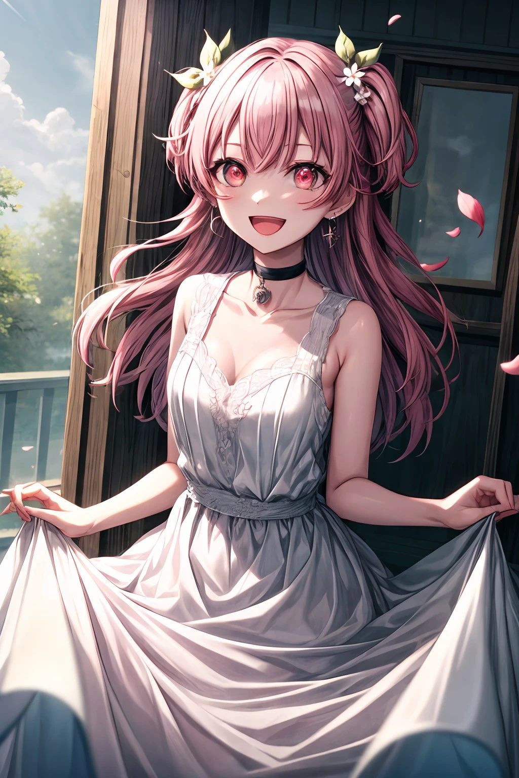 (masterpiece), best quality, expressive eyes, perfect face, momoiairi, solo, smile, open mouth, hair ornament, red eyes, dress, jewelry, standing, collarbone, flower, :d, earrings, sky, sleeveless, choker, day, indoors, hair flower, water, white dress, two side up, petals, dutch angle, sleeveless dress, white flower, skirt hold, pillar, <lora:467db6ec-1de0-4b31-8c85-1445e8d6ebdd:0.7>, <lora:more_details:0.7>