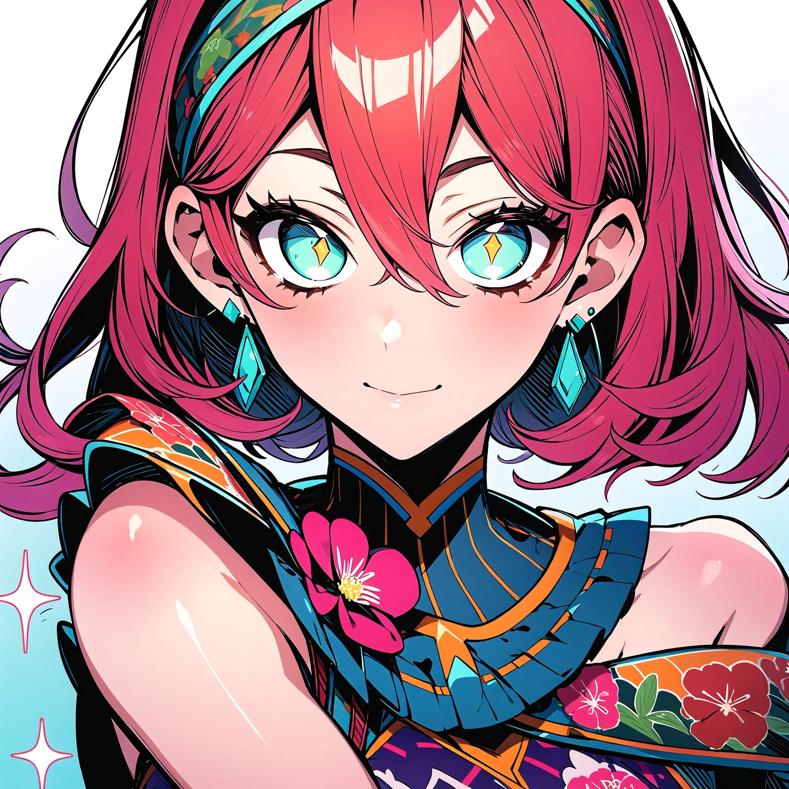 (Masterpiece, best quality), top quality, digital illustration, (8k), insanely detailed, hairband, traditional media, retro artstyle, portrait, upper body, lipstick, shawl, transparent, (red hair:1.1), hair between eyes, short hair with long locks, green eyes,(jewelry, earrings), fantasy, floral dress, glitter, shimmer, (floral print:1.1), (perfect female figure:1.1), mature female, half-closed eyes, cowboy shot, (expressive, dynamic scene:1.1), wind lift, long hair, glowing, 1girl, see-through, (detailed face, detailed eyes:1.2), looking at viewer, (deep depth of field:1.2), sharp focus, dynamic posture, dancing, cowboy shot, (intricate details:1.2), standing, gradient dress, beautiful, stylish, white trim, (extremely detailed), volumetric lighting, full clothed, <lora:TETRA_STYLE:1.2>, shiny