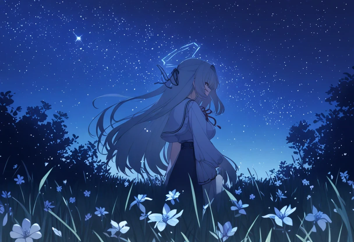 1girl, original, outdoors, night, starry sky, grass, flower<lora:better_scenery:1>