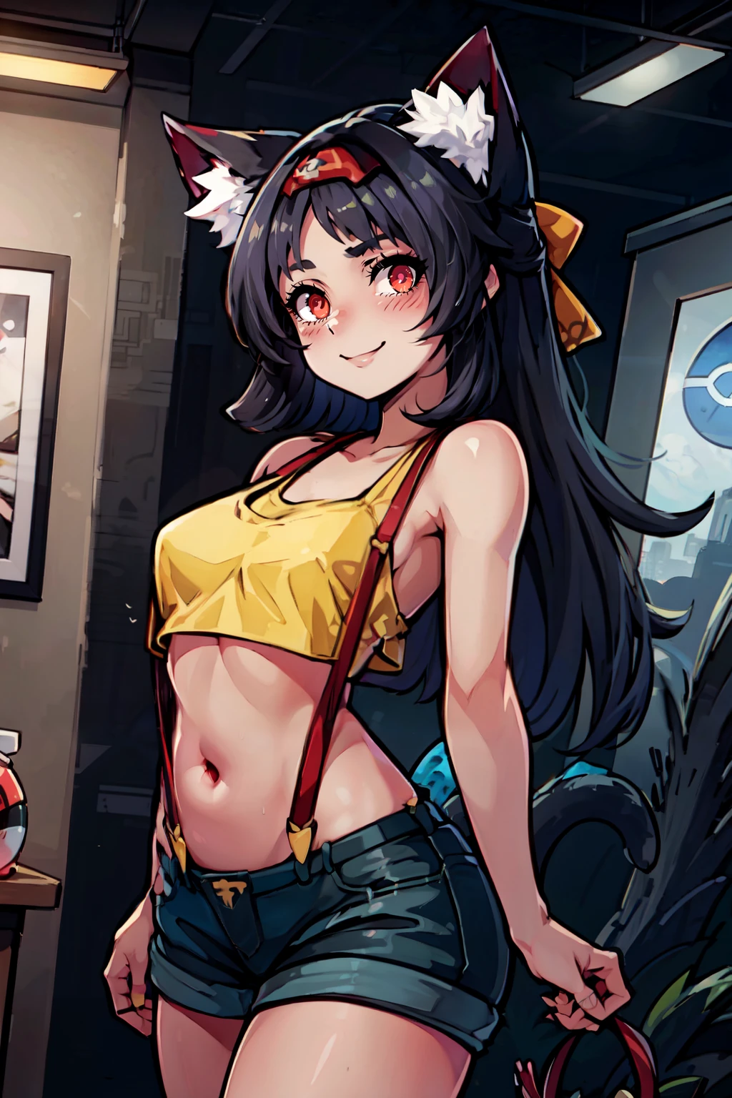 ((masterpiece,best quality)), absurdres, <lora:nekomiya_mana:0.7>,  curvy, medium breasts, wide hips,   nekomiya mana, cat ears, red eyes,  collarbone,  <lora:Misty_Pokemon_Cosplay_v3:0.8>,  misty (pokemon) (cosplay), yellow crop top, suspenders, tight shorts, denim shorts, side view, ass, blush,    solo, smile, looking at viewer, cowboy shot,