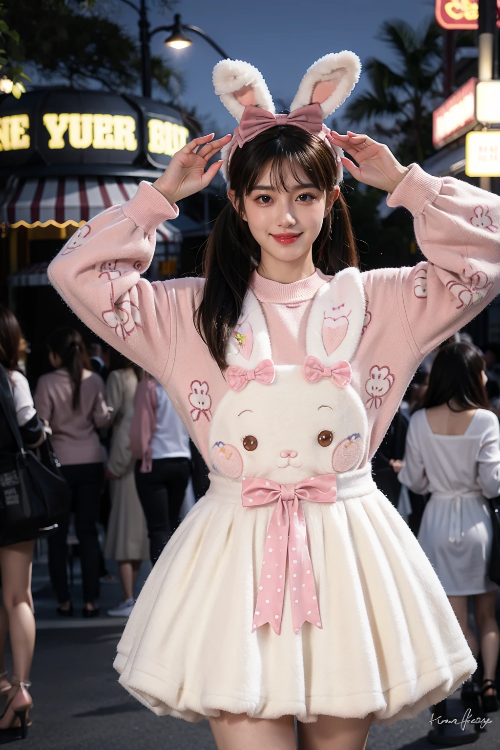 best quality,masterpiece,realistic,photorealistic,1girl,solo,looking at viewer,smile,standing,black hair,twintails,long hair,dynamic pose,cowboy shot,cyb dress,rabbit dress,white dress,rabbit skirt,shirt,animal print shirt,long sleeves,bow,pink bow,rabbit ears,rabbit print,night,light,amusement park,people,detailed background,<lora:cute_attire_style3_v1:0.7>,<lora:Background_Detail_v3:1.5>,