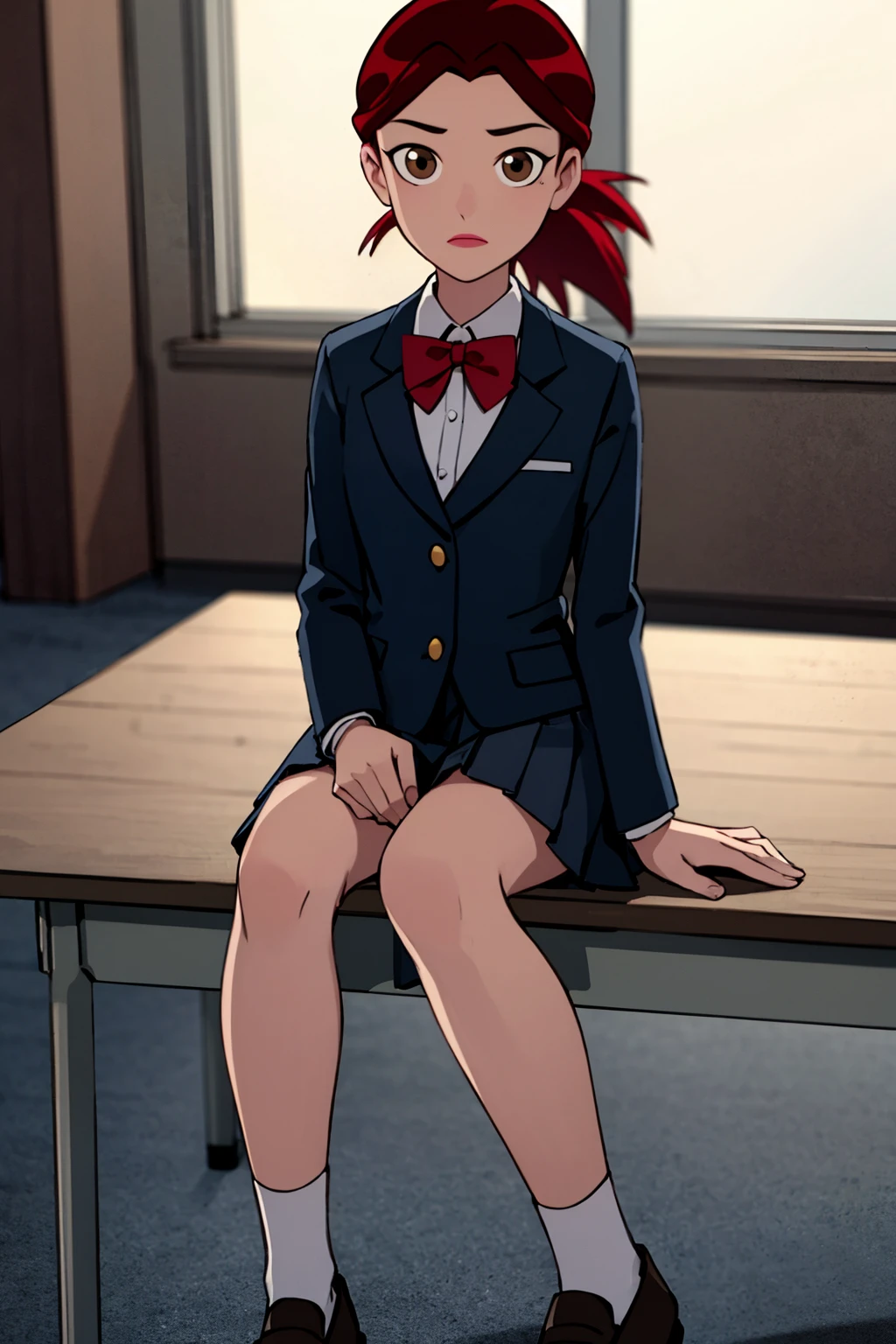 8k,highres, masterpiece,best quality,barbara,solo,1girl,solo,red hair,ponytail,brown eyes,lipstick,school uniform, blazer, bowtie, skirt, black socks, sitting, classroom,looking at viewer,masterpiece,best quality