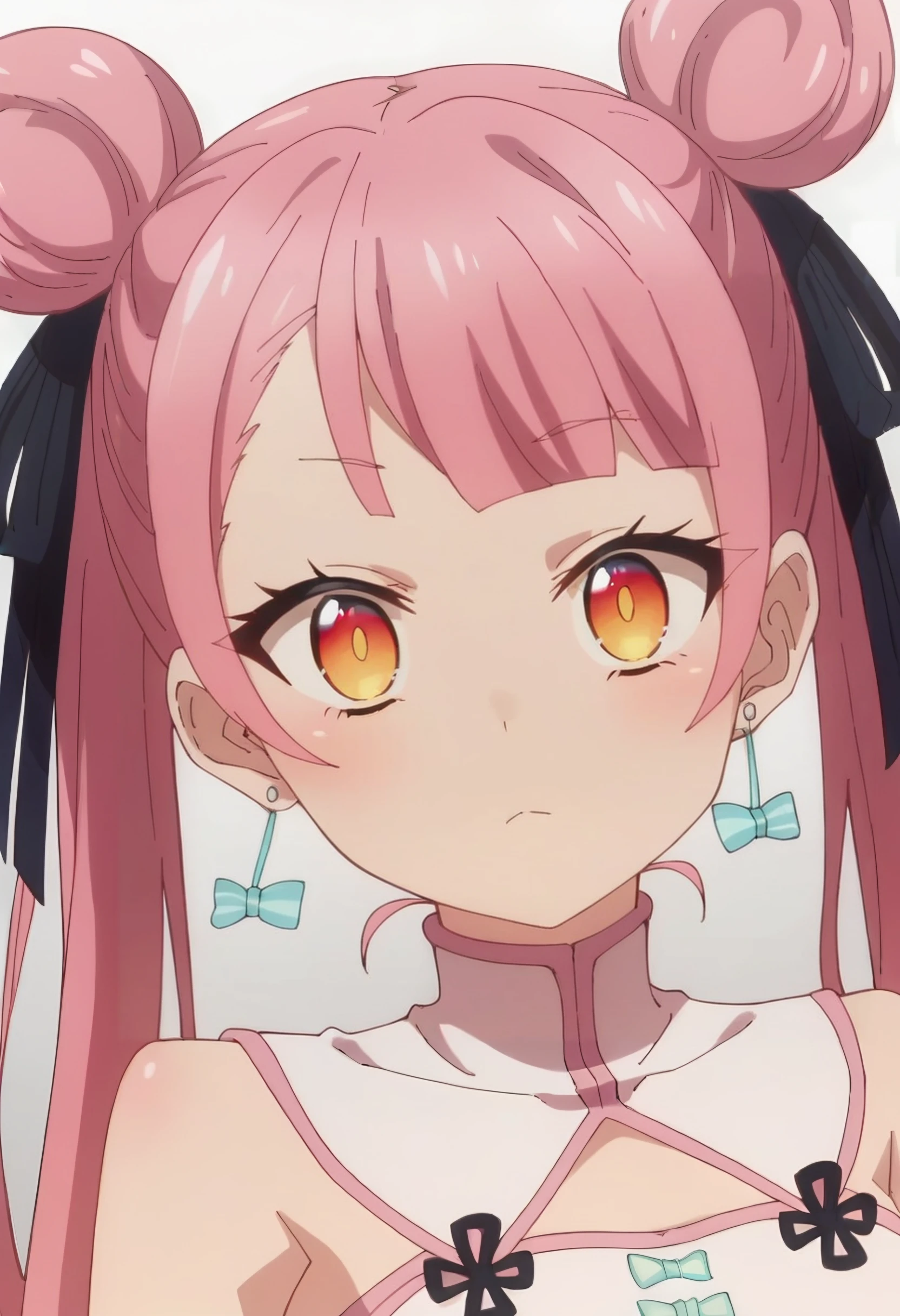 <lora:Tao:1> tao, long_hair, pink_hair, 1girl, double_bun, bangs, solo, twintails, earrings, hair_ribbon, orange eyes    , dress, chinese_clothes,    looking at viewer, score_9, score_8_up, score_7_up, , anime coloring ,BREAK source_anime, anime