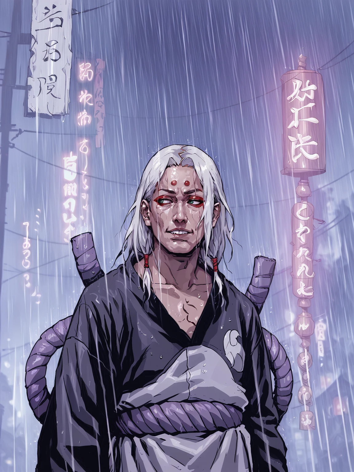 <lora:Naruto_r1:0.8>, <lora:k1m1maro-08:0.8>, 1boy, k1m1maro, green eyes, red eyeliner, forehead mark, white hair, long hair, tan tunic, long sleeves, purple rope belt, looking to the side, standing, industrial pipes, village, night, rain, solo, smile, teeth, half-closed eyes, <lora:SeungEunKim:0.8>, score_9, score_8_up, score_7_up