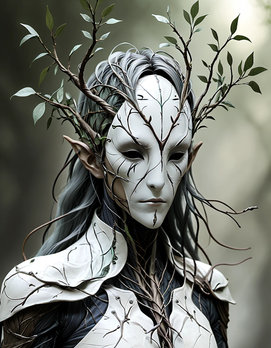 elven cleric with a noface mask, branches for hair, nature,