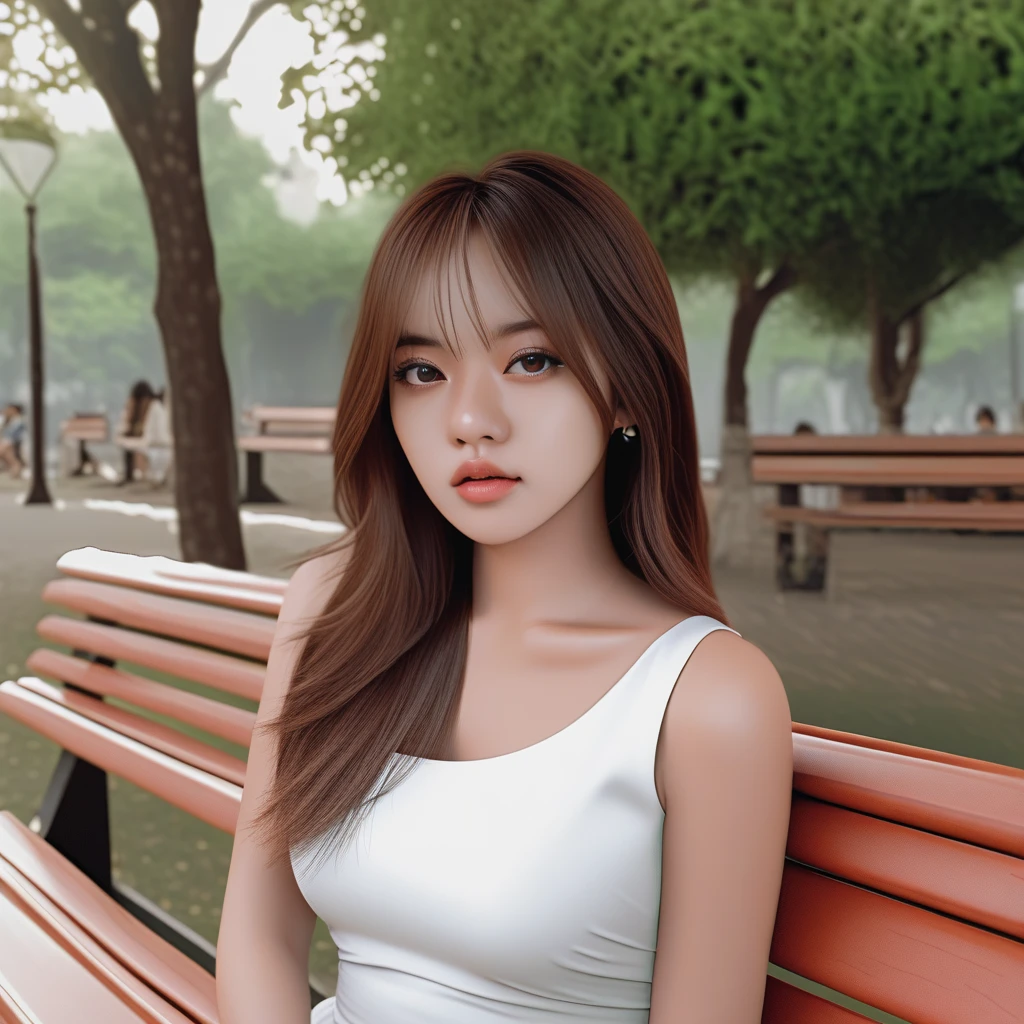 sze, 1girl, best quality, photorealistic, 8k, high res, full color, 20 years old woman, (closed mouth:1.2), (skindentation), (portrait:0.6), tree, park bench, daylight, (park background:1.2), full color, ((white dress:1.2)), detailed eyes, detailed iris, beautiful expression, looking at viewer:1.3, (1girl eyes looking at viewer:1.3), (medium-length hair, beautiful hair, (bokeh), highres