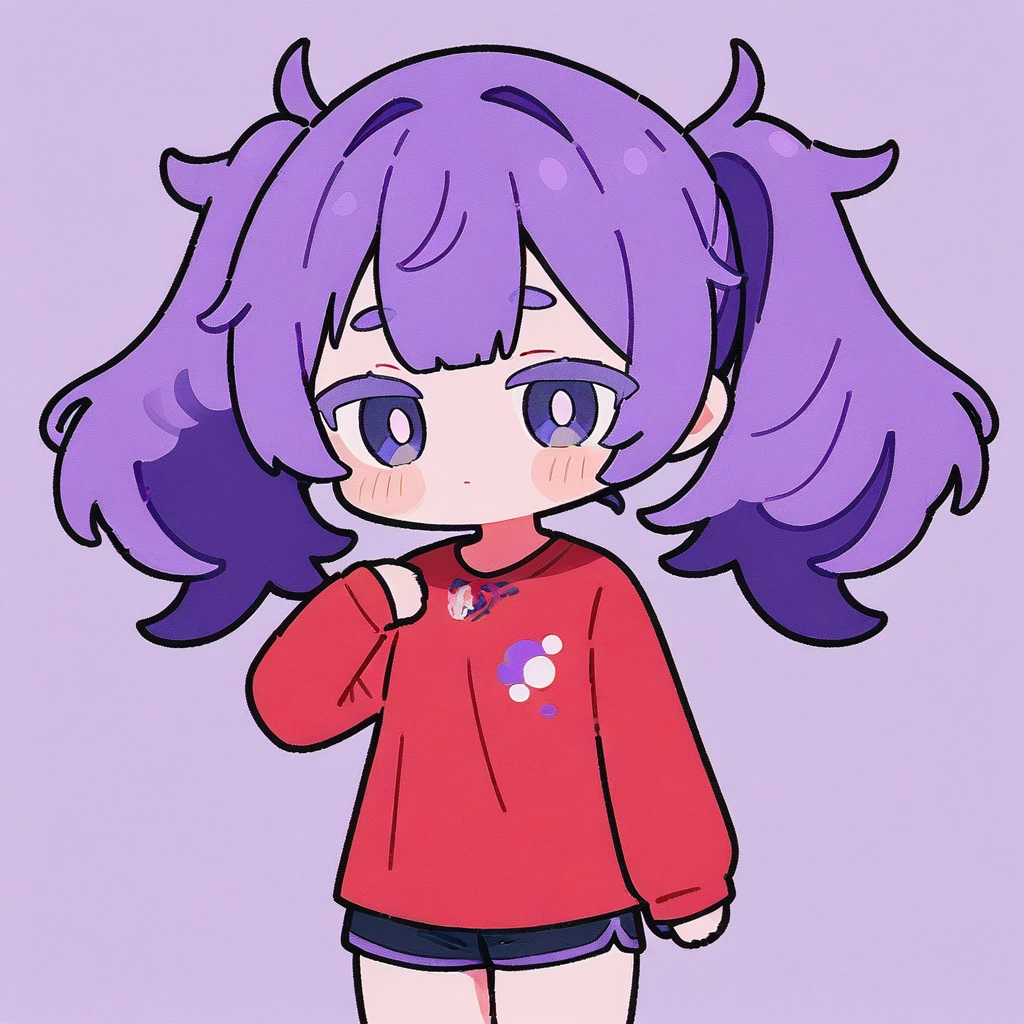 1girl, solo, shorts, long sleeves, red shirt, twintails, purple hair,