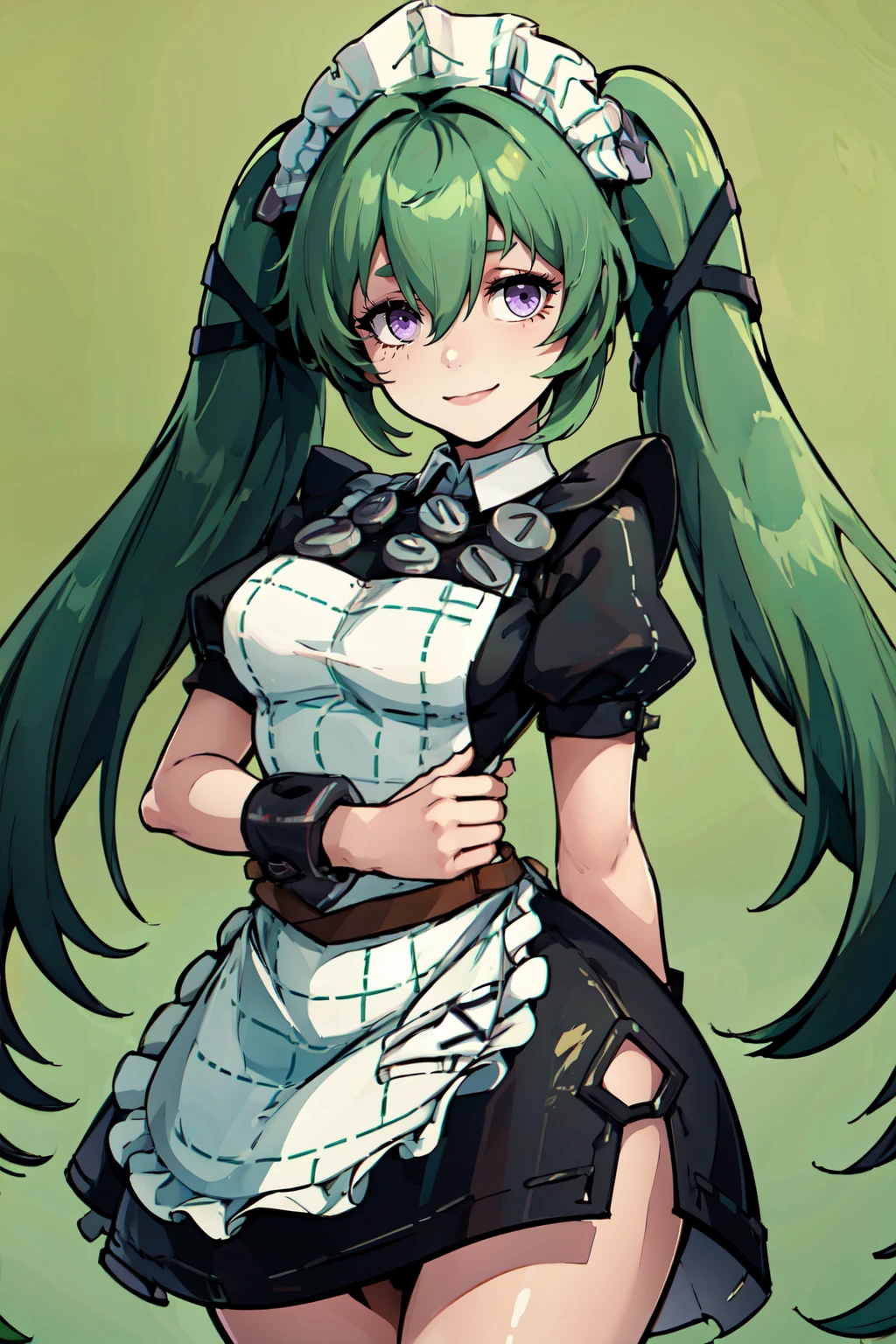 ((masterpiece,best quality)), absurdres, <lora:corin_wickes:0.7>,  curvy, medium breasts, wide hips,   1girl, green hair, purple eyes, hair between eyes, twintails,   maid headdress, puffy short sleeves, black dress, white apron,  solo, smile, looking at viewer, cowboy shot,