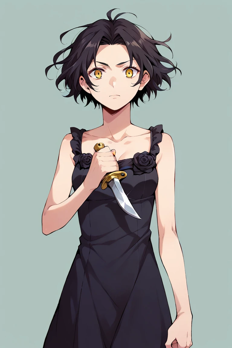 1girl, chane_laforet, chanedress, black dress, black rose, short hair, yellow eyes, holding knife <lora:Chane Laforet Pony XL-000003:1>,, score_9, score_8_up, score_7_up,