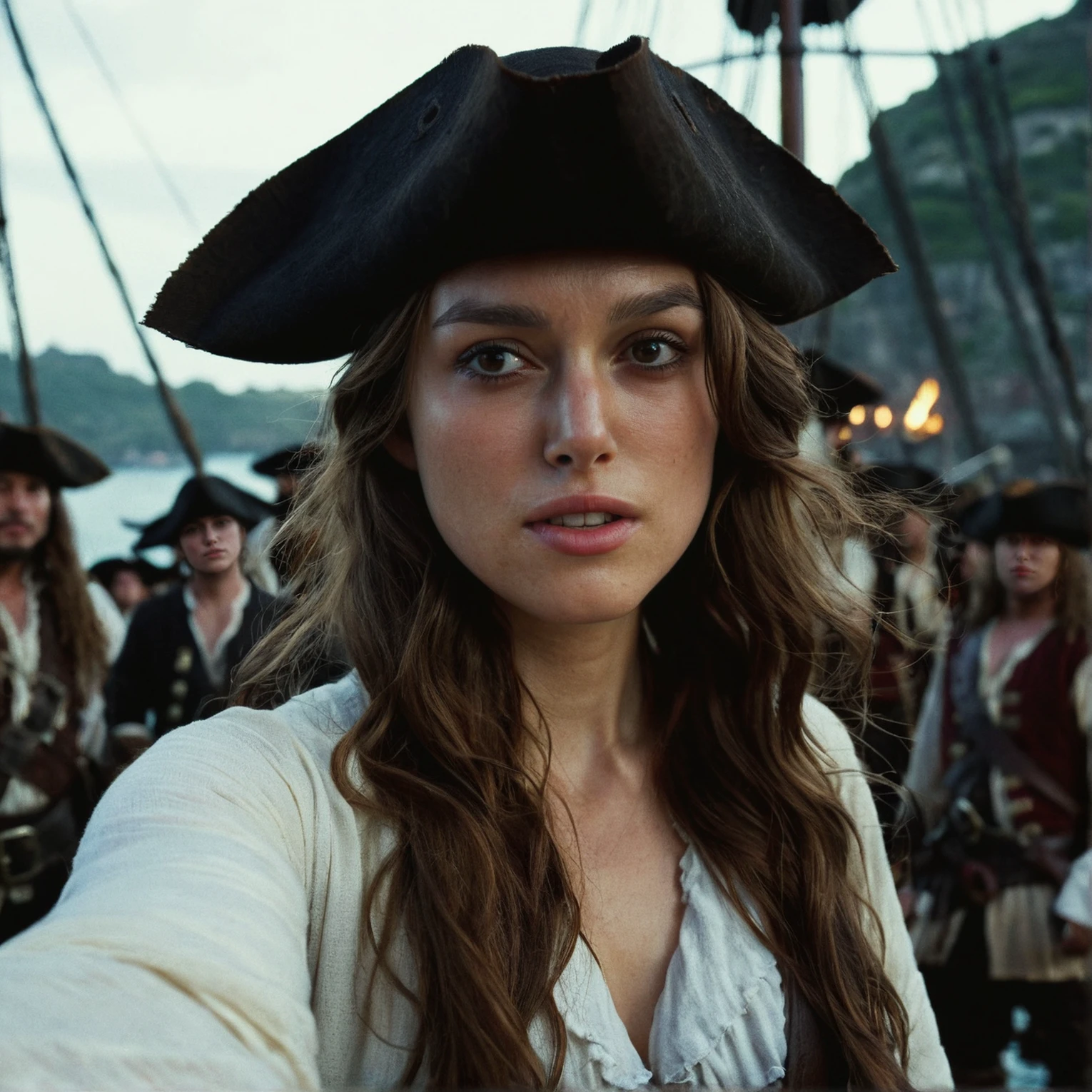 high resolution photo close up of kkn woman,long brown loose waves hair,wearing white garment,in a pirate city,taking a selfie,gloomy,dimly lit,bokeh,depth of field,she is looking at camera