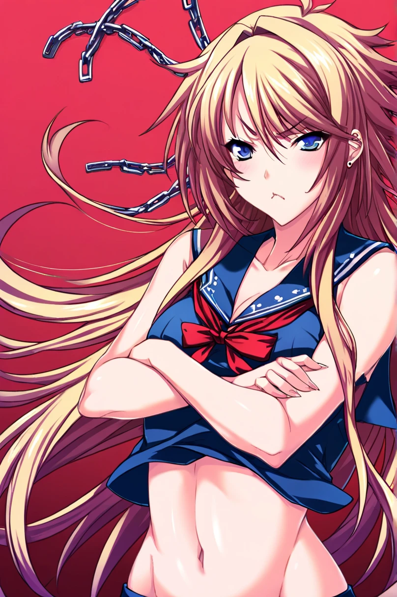 score_9, score_8_up, score_7_up, score_6_up, score_5_up, score_4_up, source_anime
<lora:Tsujidou Ai-000040:1>, 1girl, solo, Tsujidou Ai, blue eyes, chains, serafuku, simple background, red background, gradient background, crossed arms, (pout:0.8)