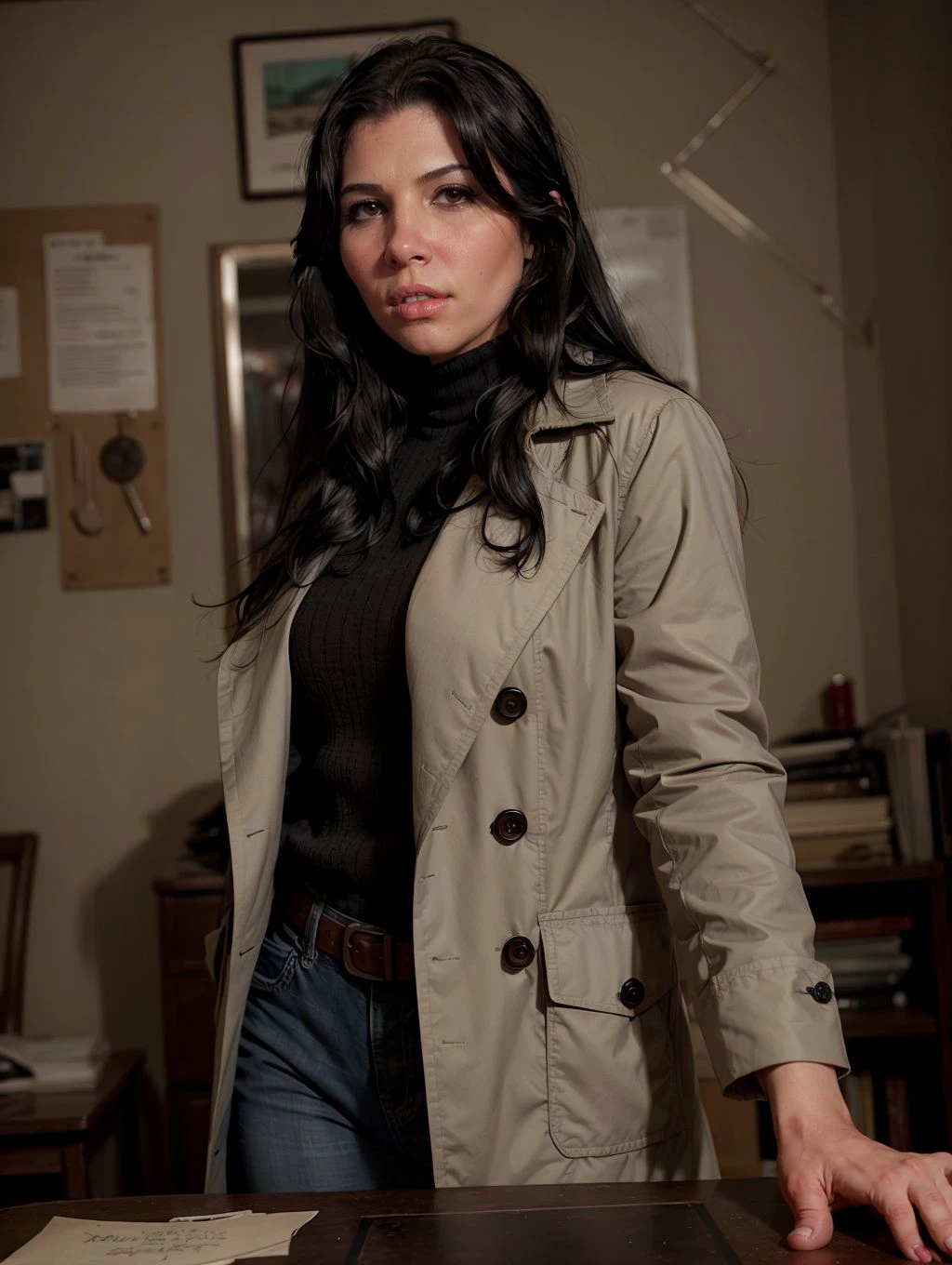 a confident woman detective with a observant eyes, wearing a gray detective coat, is examining clues in a dimly lit crime scene, half-body:: portraited, face drawn by the masterful artist Wes Anderson, detailed, against a gritty background --ar 2:3 --niji 5 --style expressive --q 2