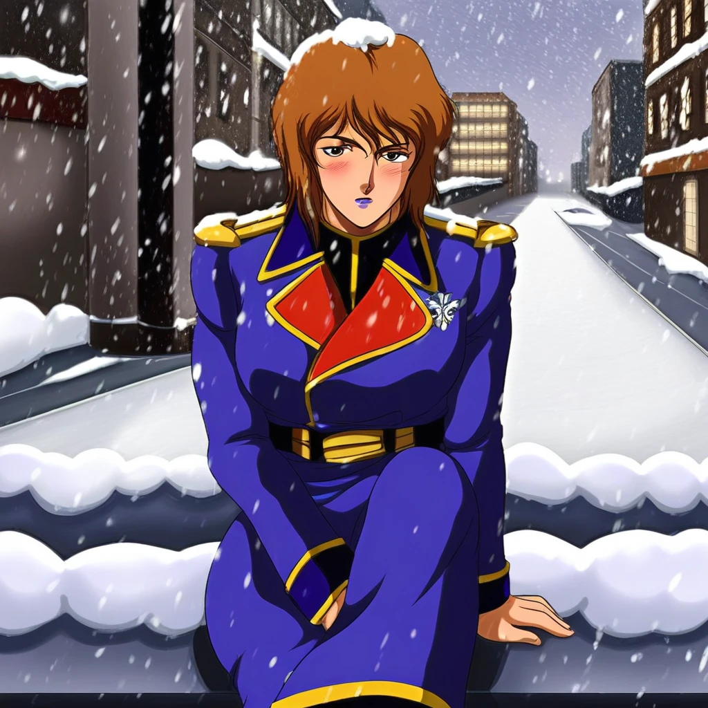 rezin schneider, brown short hair, blue lips, military uniform, shoulder armor,sitting,solo, snow, snowing, snowflakes, outdoors, street, city, buildings, blush, looking at viewer, cowboy shot, colorful, vivid