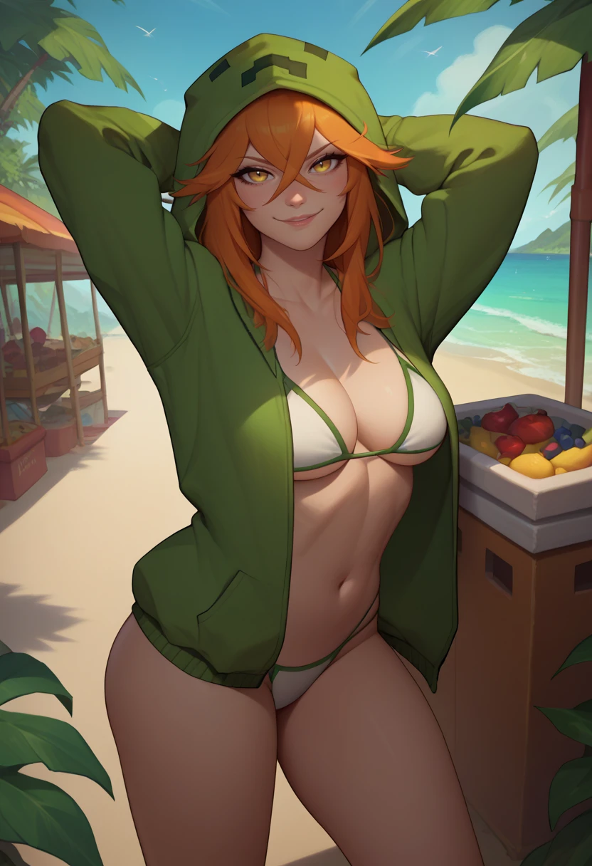 score_9, score_8_up, score_7_up, solo, 1girl, mtcupa, seductive smile, looking at viewer, standing, arm behind head, long hair, orange hair, yellow eyes, green hoodie, open hoodie, hood, long sleeves, white bikini, outdoors, beach <lora:mobtalker_creeper_ponyXL:1>