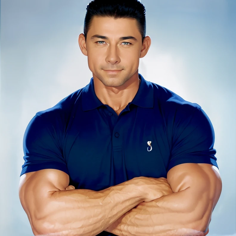 (RAW photo), 1boy, solo, <lora:RobertVanDamme:0.85>, robvandamme, muscular, muscular male, absurdres, smirk, portrait, polo shirt, short sleeves, crossed arms