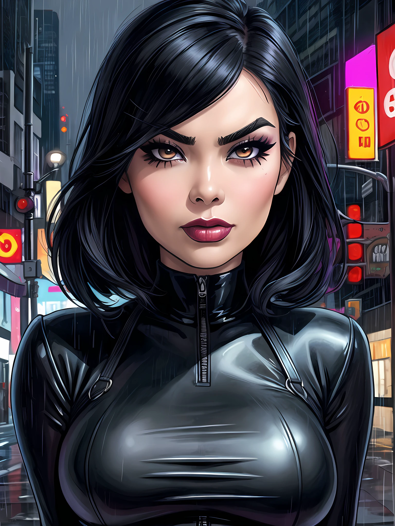 close-up portrait photo of T3r4P4tr1ck_V1-Emb , makeup, mascara, eyeshadow, dressed as catwoman, in the middle of a rainy city street at night, 8k uhd, high quality, dramatic, dramatic lighting, realistic , lifelike texture