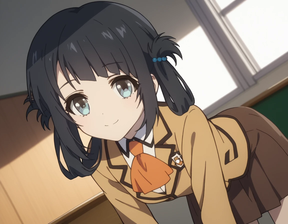 score_9, score_8_up, score_7_up, source_anime,
miunashiodome, <lora:miuna-shiodome-s1-ponyxl-lora-nochekaiser:1>,
miuna shiodome, long hair, blue eyes, black hair, twintails, hair rings, folded hair,
skirt, school uniform, socks, blazer, neckerchief, long sleeves, brown skirt, brown blazer,
indoors, classroom, bent over, smile,
looking at viewer, cowboy shot, dutch angle, solo,