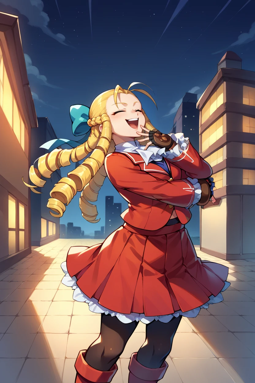 score_9, score_8_up, score_7_up, score_6_up, source_anime, BREAK 1girl, solo <lora:sfkarin-pdxl-nvwls-v1-000006:1> sfkarin, blonde hair, drill hair, hair bow, white ascot, red jacket, long sleeves, red skirt, frilled skirt, pantyhose, fingerless gloves, laughing, smug, closed eyes, hand to mouth, standing, red boots, city, night sky, night, ojou-sama pose, head thrown back