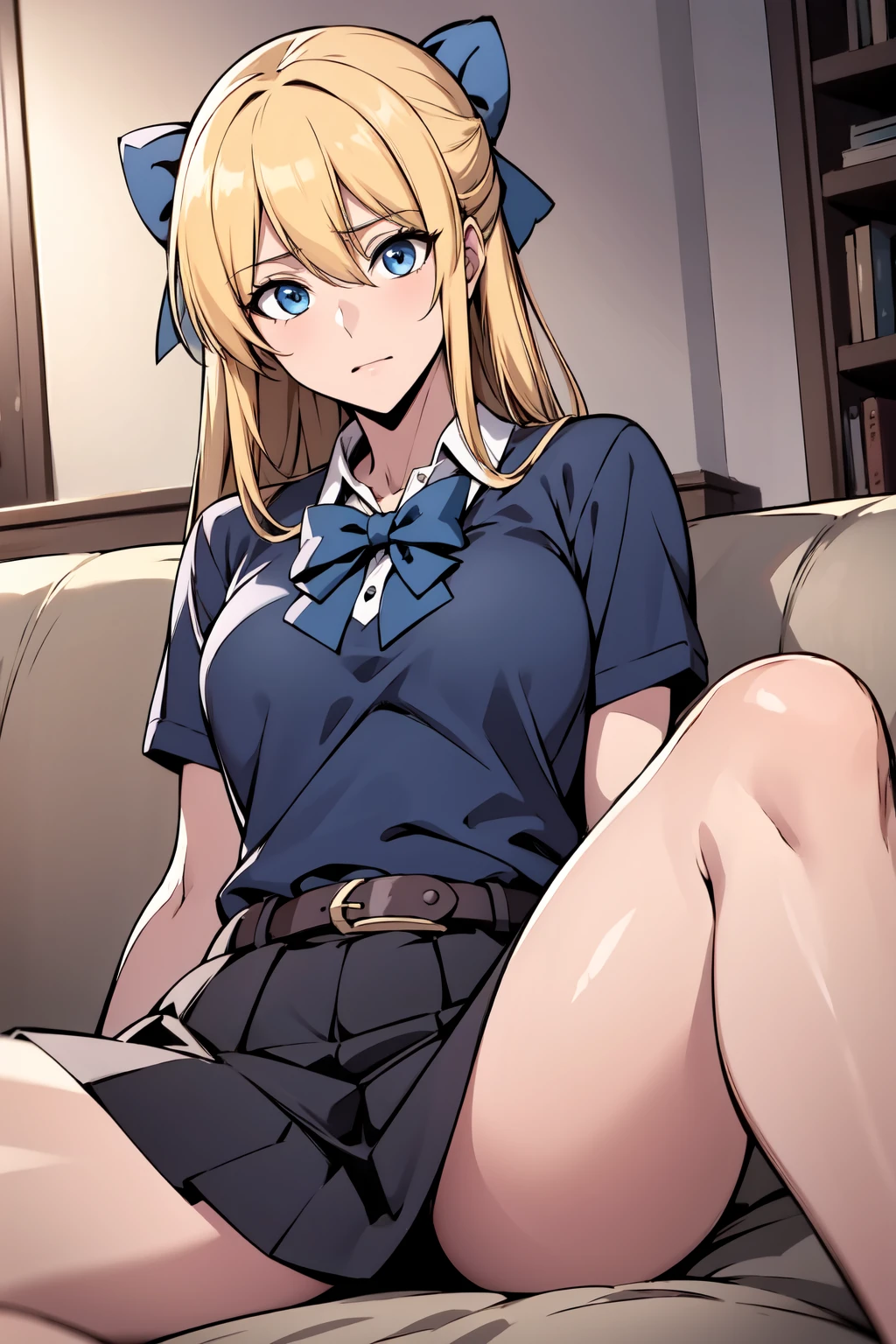 masterpiece, best quality, 1girl, solo, <lora:Teresa-000005:0.6> thg-teresa, long hair, blonde hair, blue eyes, bow, hair bow, blue bow BREAK school uniform, black shirt, black skirt, belt, sitting, on couch, 