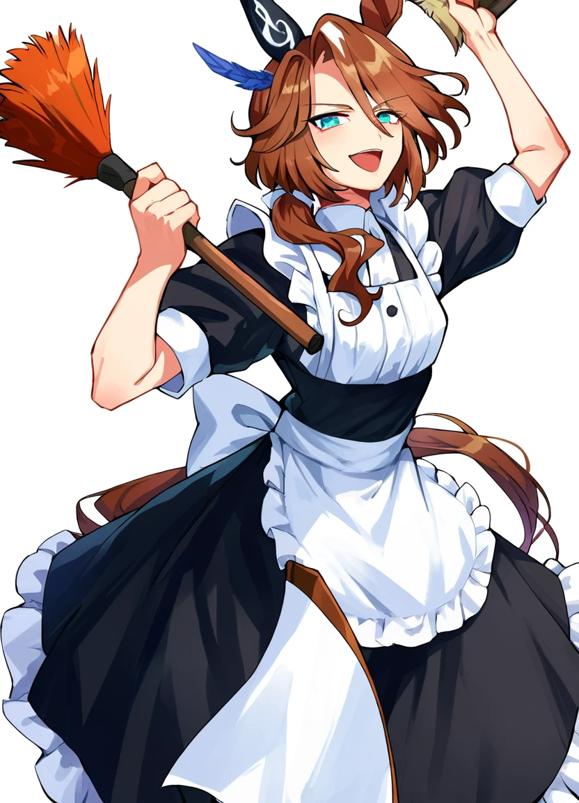 score_9, score_8_up, score_7_up, score_6_up, score_5_up, source_anime, rating_sfw, 1girl, solo, Sounds of Earth \(umamusume\) stands in a full-body pose against a white background, donned in an alternate maid costume. She gracefully holds a duster in her right hand, angled across her body, adding a dynamic element to her stance. Her outfit features a classic black dress with puffy short sleeves under a white apron that ties neatly at the back. The black footwear, styled as Mary Janes, complements her pantyhose, enhancing her maid-themed attire. Sounds of Earth \(umamusume\) exhibits a joyful smile and an open mouth, suggesting a moment of cheerful interaction, possibly during a lighthearted maid duty. Her posture and facial expressions convey a sense of delight and playfulness, encapsulating the character's spirited personality in this charming depiction.best quality,masterpiece
<lora:UmaDiffusionXL_UAF-pony:1.0>