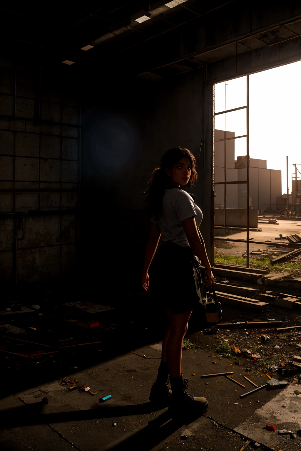 Photorealistic Highly detailed raw 8k photography masterpiece, volumetric lighting and shadows, A Ecuadorian female in a Abandoned Industrial Facilities landscape, hurt