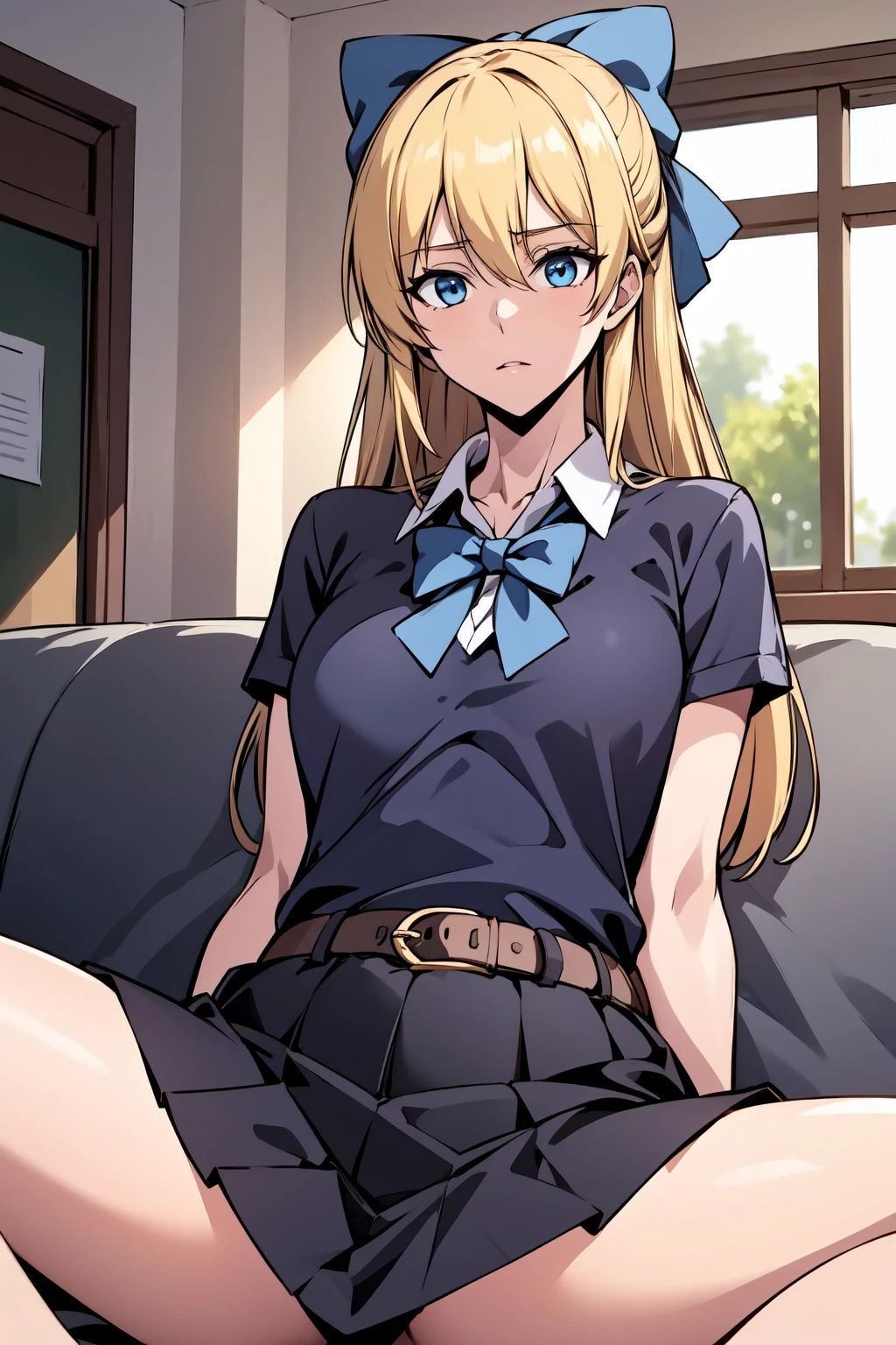 masterpiece, best quality, 1girl, solo, <lora:Teresa-000005:0.6> thg-teresa, long hair, blonde hair, blue eyes, bow, hair bow, blue bow BREAK school uniform, black shirt, black skirt, belt, sitting, on couch, spread legs