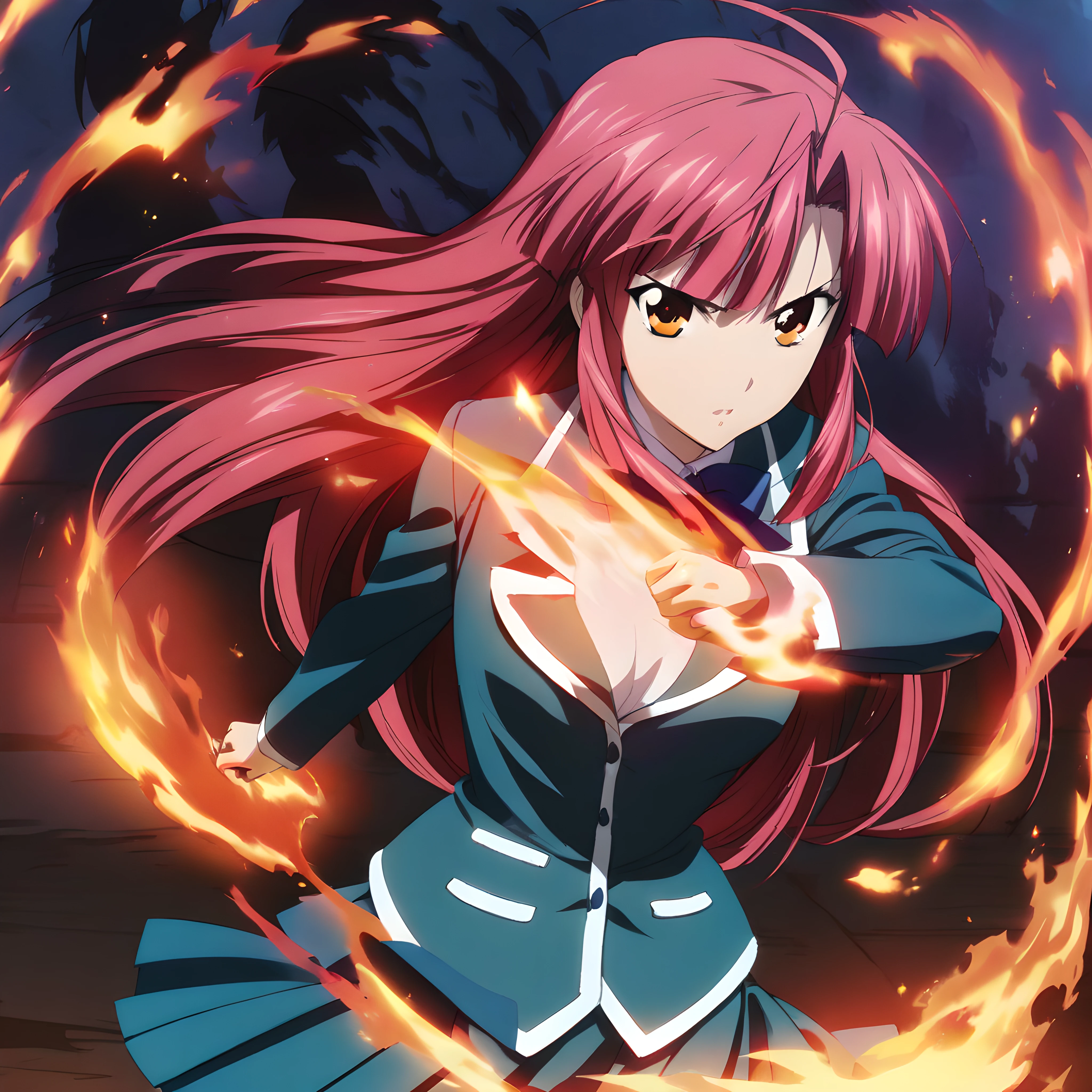 (masterpiece),(best quality),(ultra-detailed),(best illustration),(best shadow),(absurdres),(detailed background),(very aesthetic),ayano kannagi, 1girl, weapon, school uniform, long hair,solo, red hair, pink hair, orange eyes, looking at viewer, preparing to fight, fighting stance, fire enveloping, fire aura, <lora:ayanokannagi-40:1>